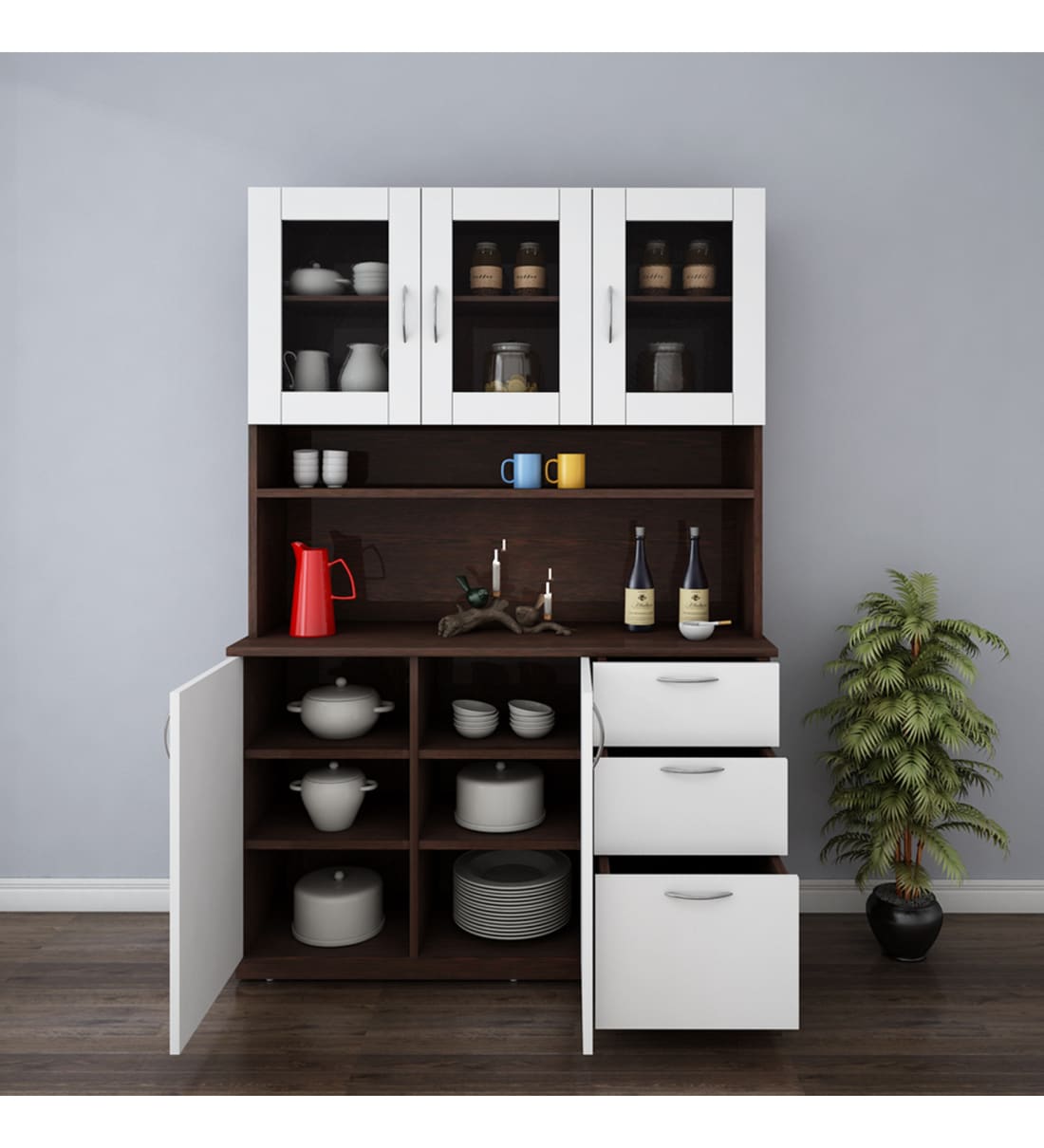 Buy Modish Crockery Unit in Wenge & Frosty White Finish Online