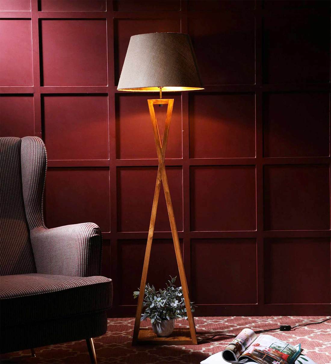 Buy Monica Wooden Floor Lamp With Fabric Shade & Brown Base By Symplify
