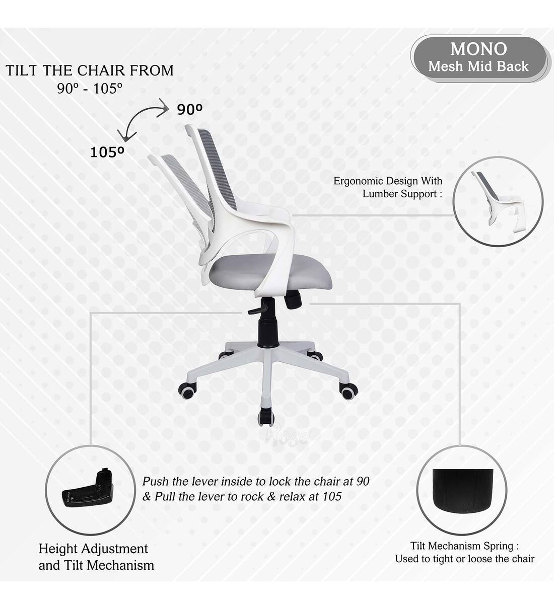 Buy Mono Breathable Mesh Ergonomic Chair in White & Grey Colour Online