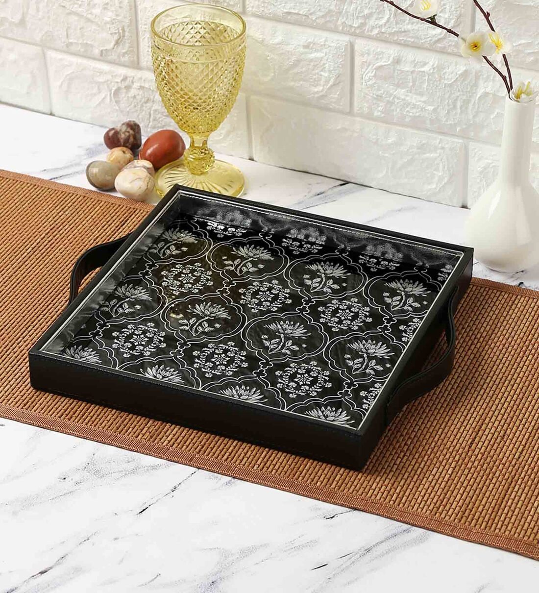 Buy Monochrome Lotus Reiteration Black Faux Leather Serving Tray By ...