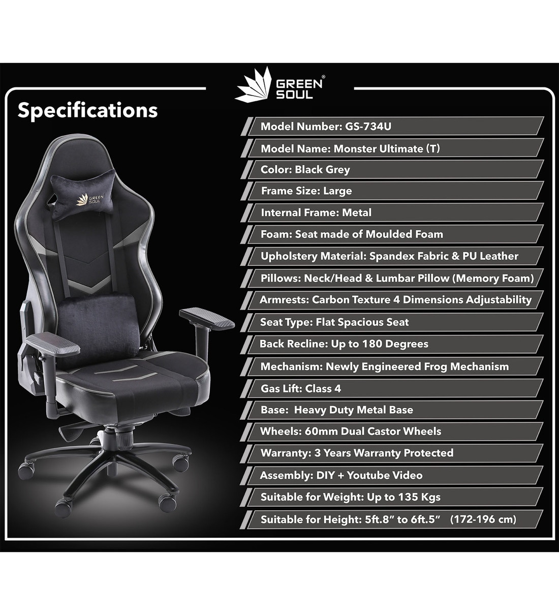 Buy Monster Fabric Gaming Chair in Black Grey Colour at 48% OFF