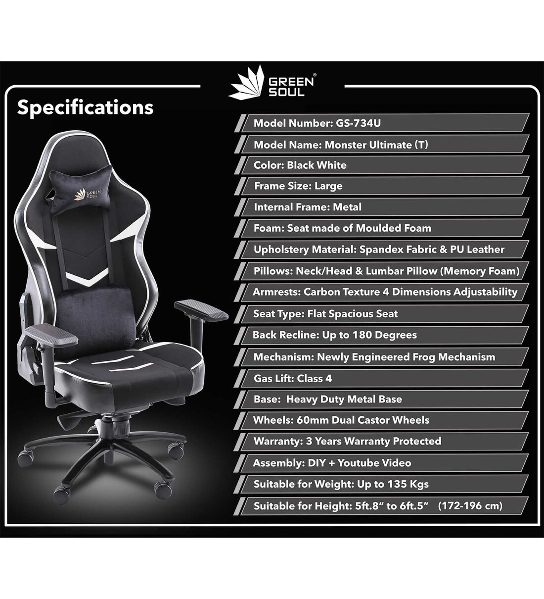 Buy Monster Pro Fabric Gaming Chair in Black & Grey Colour at 47