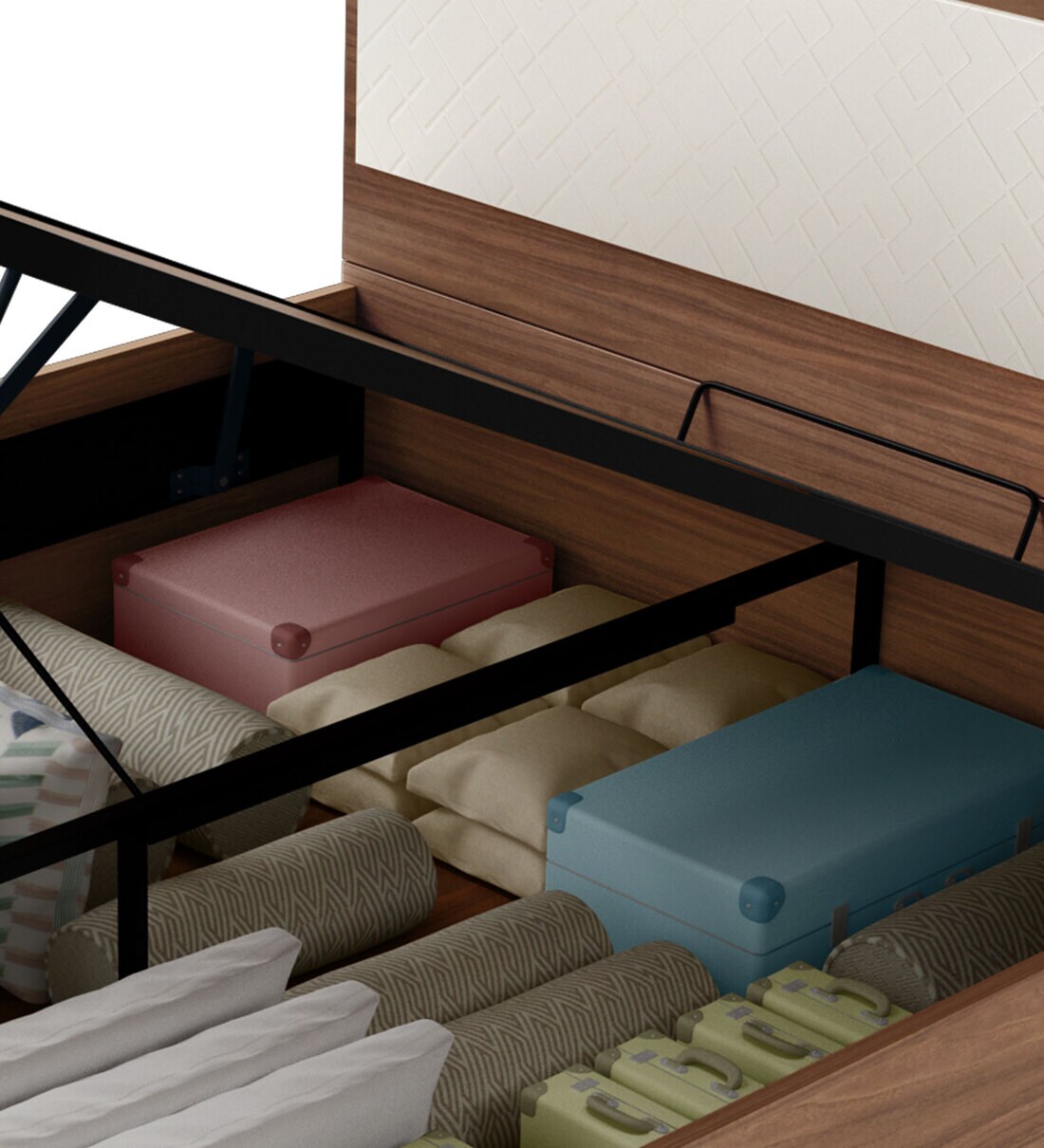 Buy Morf Queen Size Bed in Brown & Cream Finish with Hydraulic Storage