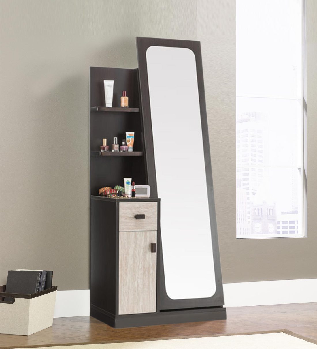 Buy Morris Dresser Unit in Brown finish with Storage behind Mirror by