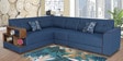 Modish RHS Sectional Sofa in Blue Colour with Natural Colour Side Table in L Shape