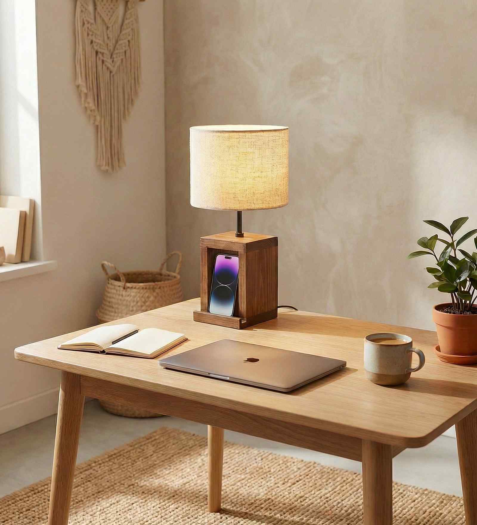 Moby Wooden Table Lamp with Jute Shade & Brown Base