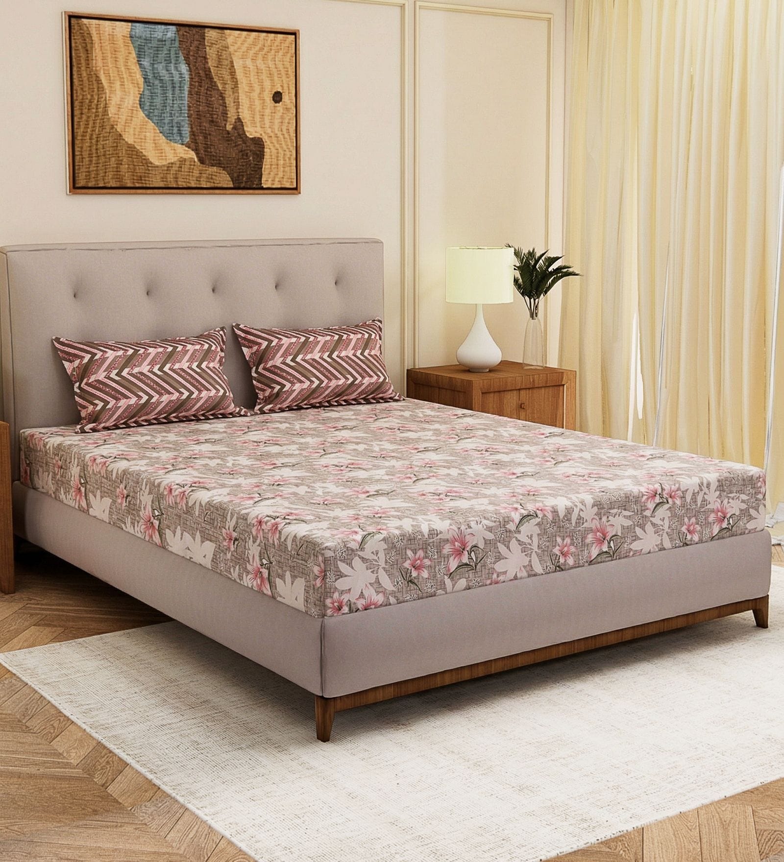 Brown Floral 120 TC Cotton Double Size Bedsheet With 2 Pillow Covers