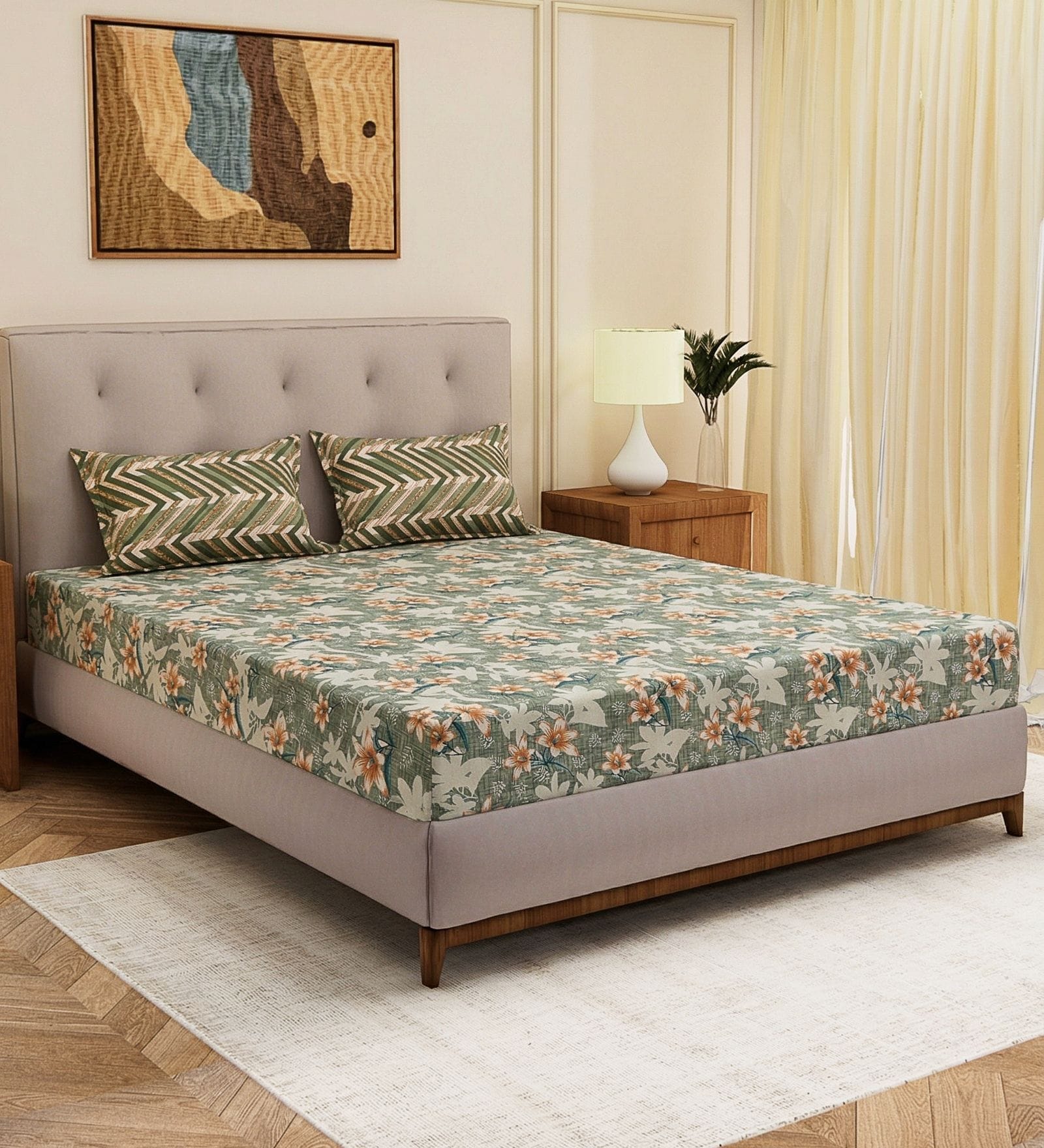 Grey Floral 120 TC Cotton Double Size Bedsheet With 2 Pillow Covers