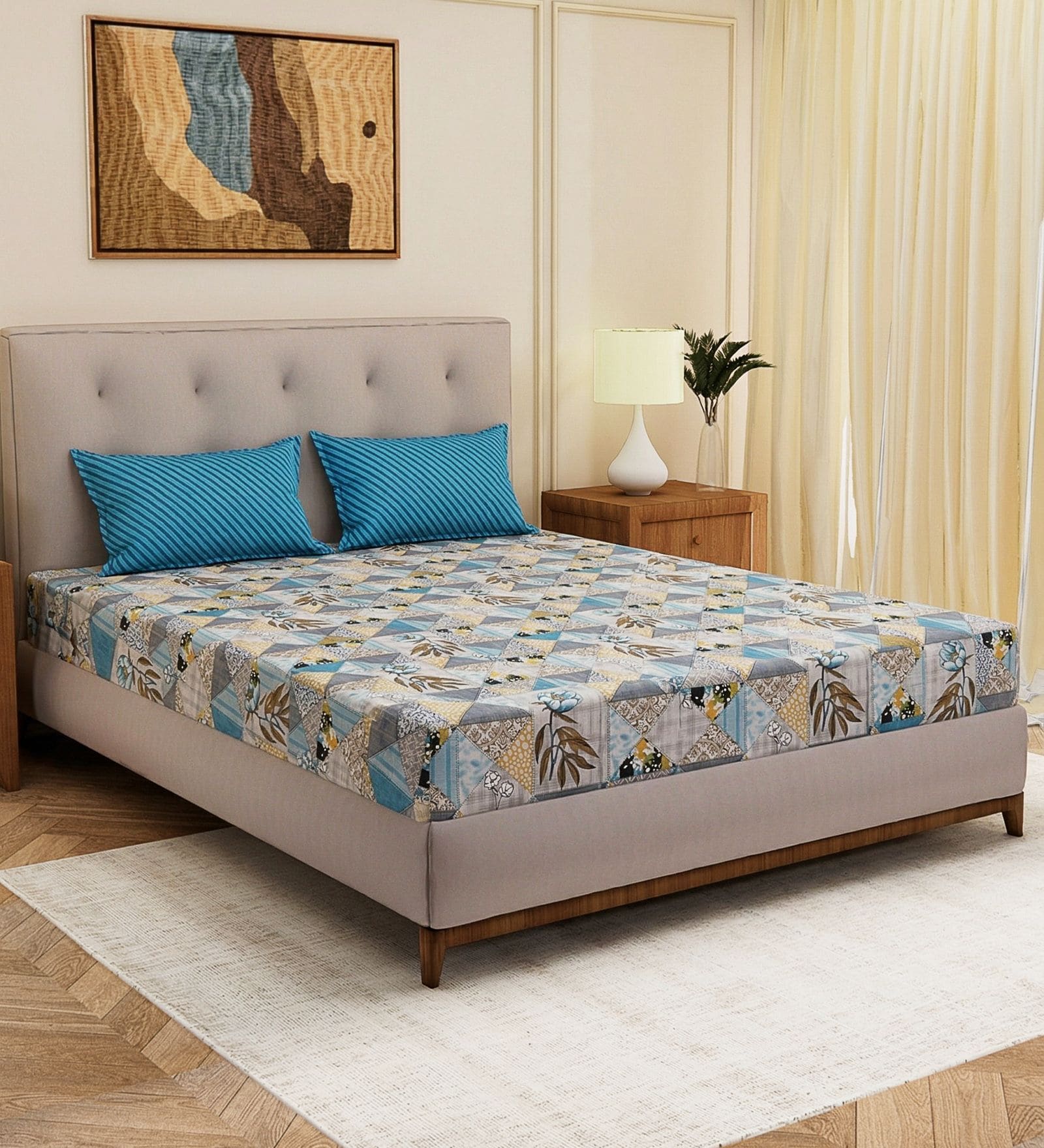 Blue Floral 120 TC Cotton Double Size Bedsheet With 2 Pillow Covers