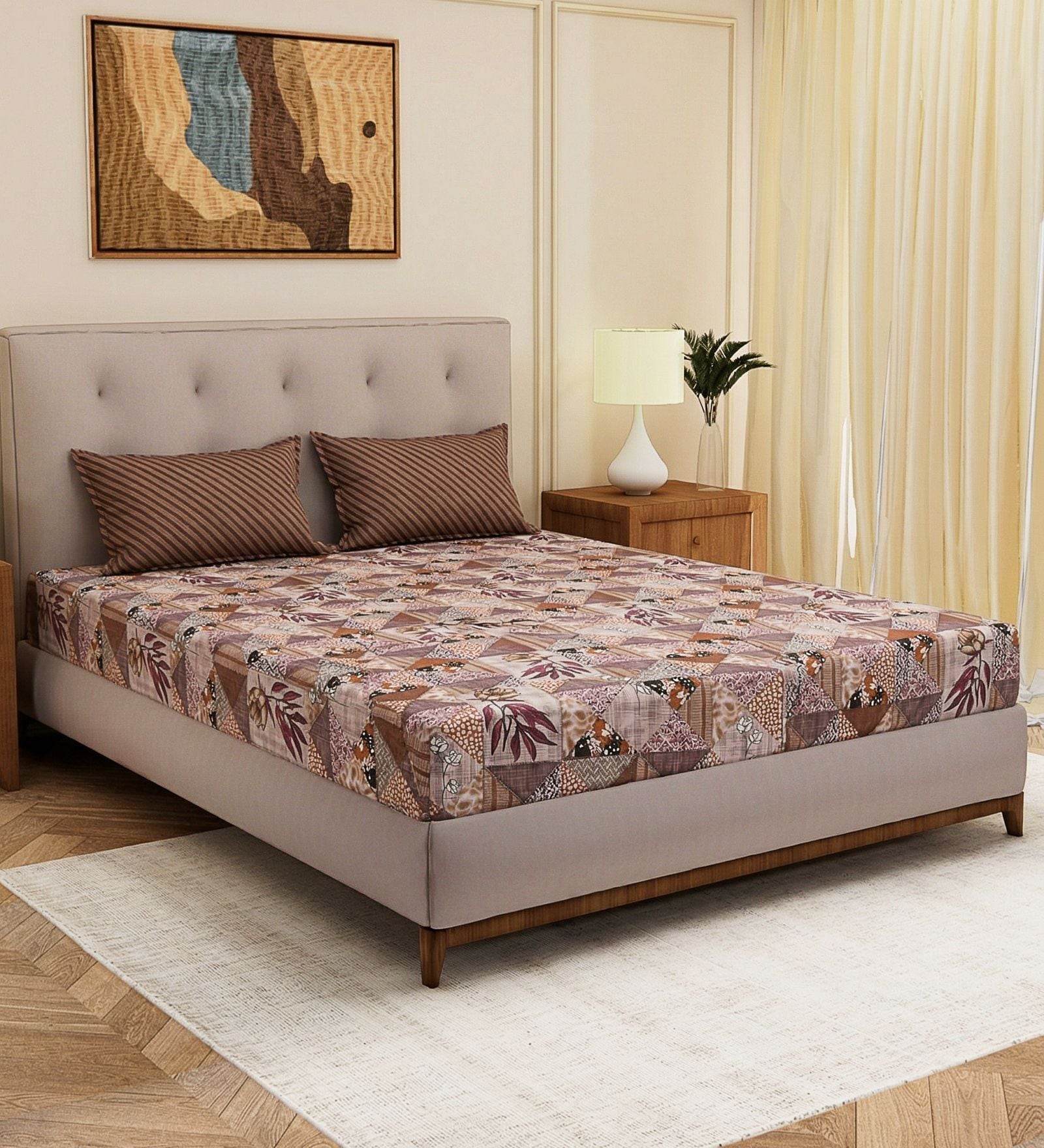 Maroon Floral 120 TC Cotton Double Size Bedsheet With 2 Pillow Covers