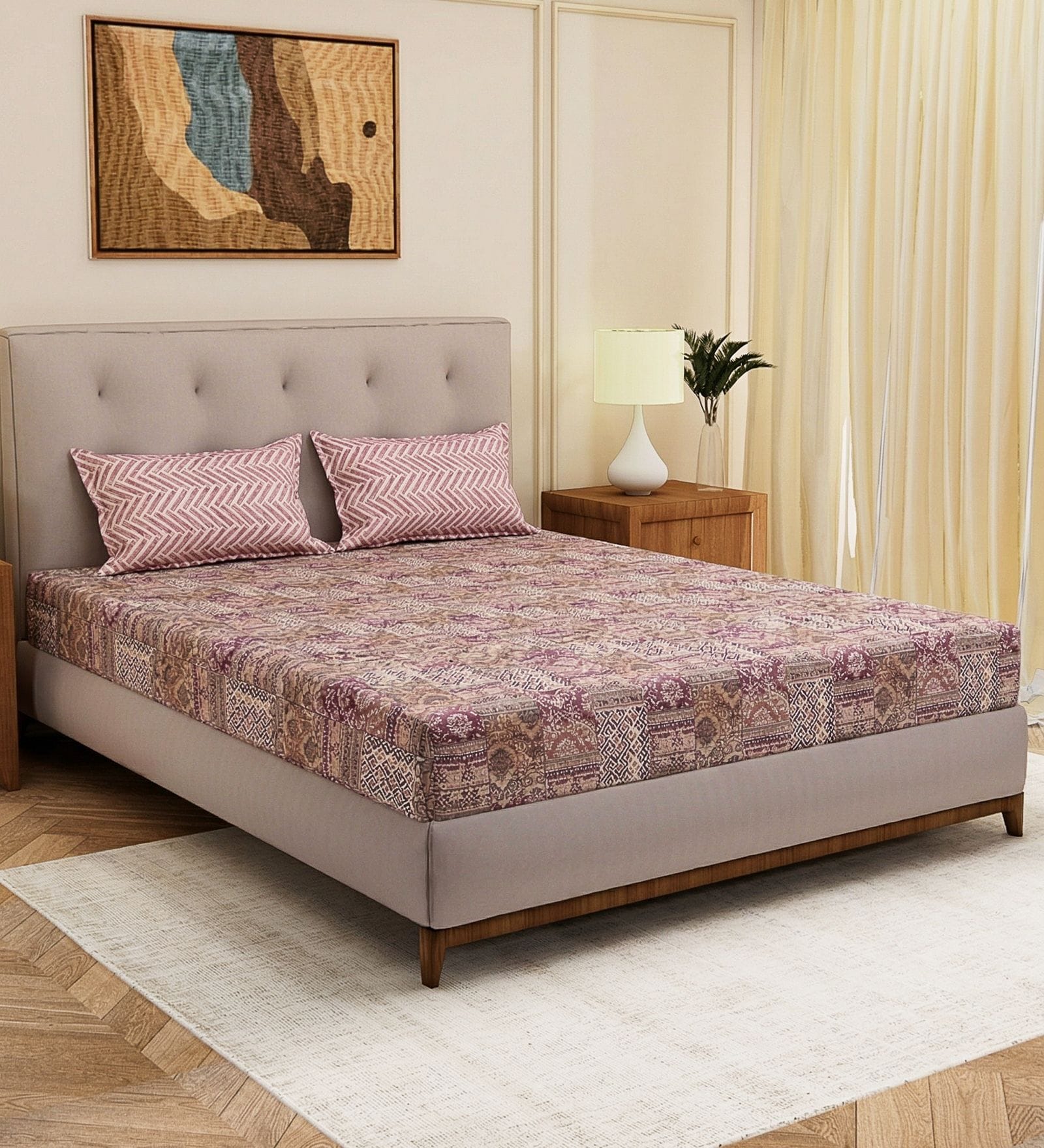 Pink Geometric 120 TC Cotton Double Size Bedsheet With 2 Pillow Covers