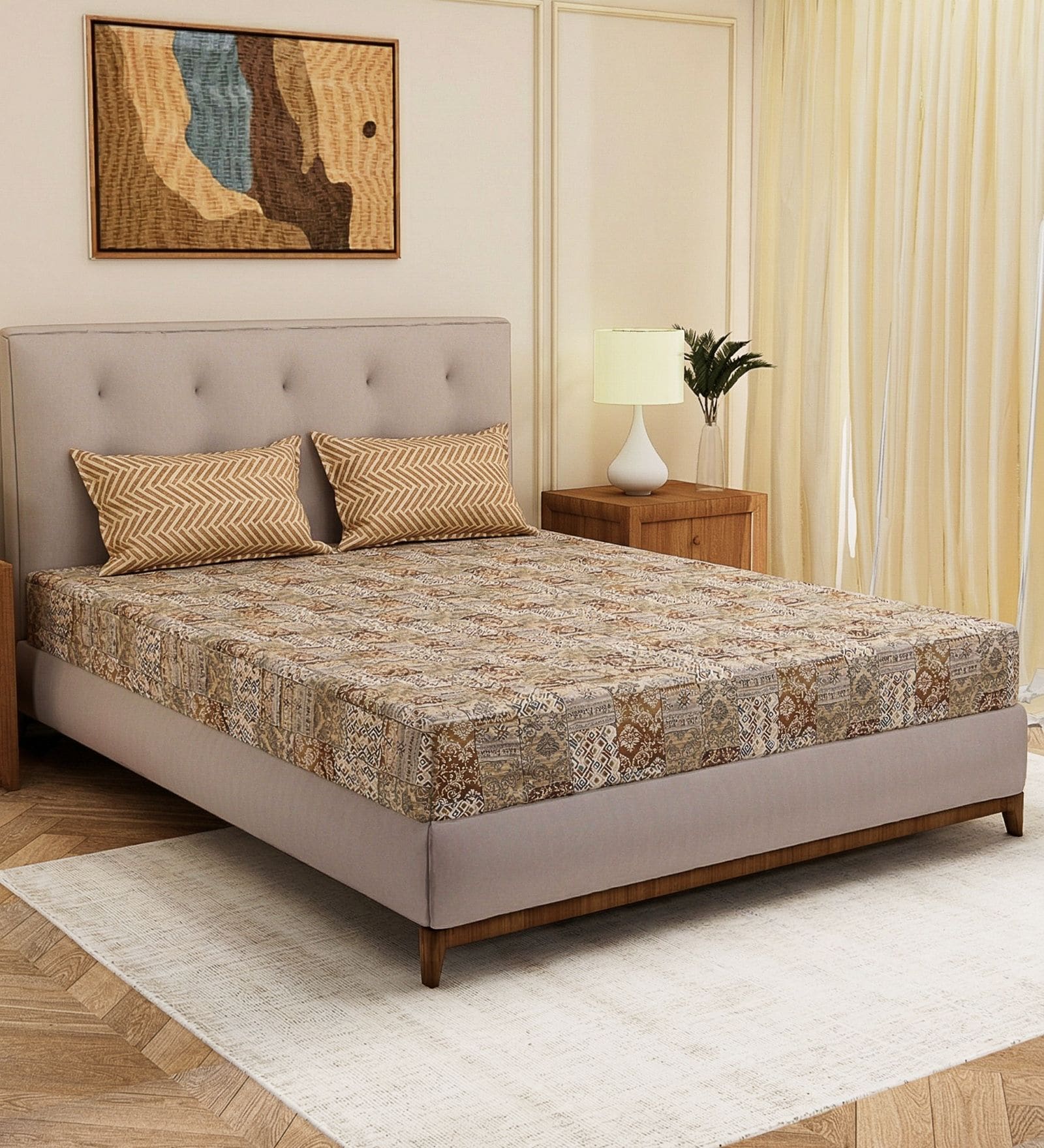Brown Geometric 120 TC Cotton Double Size Bedsheet With 2 Pillow Covers