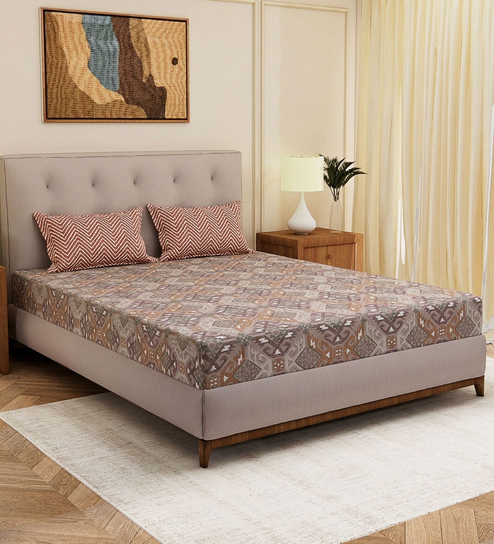 Grey Geometric 120 TC Cotton Double Size Bedsheet With 2 Pillow Covers