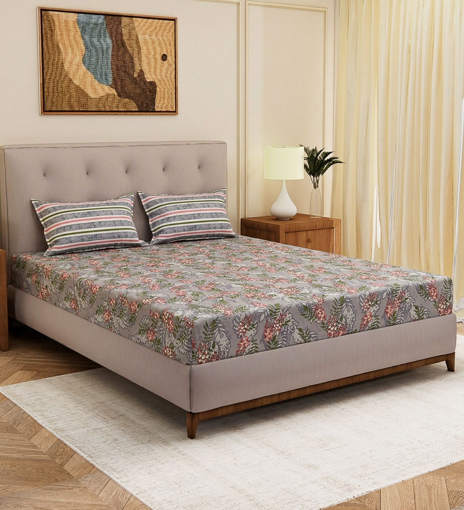 Green Leaf 120 TC Cotton Double Size Bedsheet With 2 Pillow Covers
