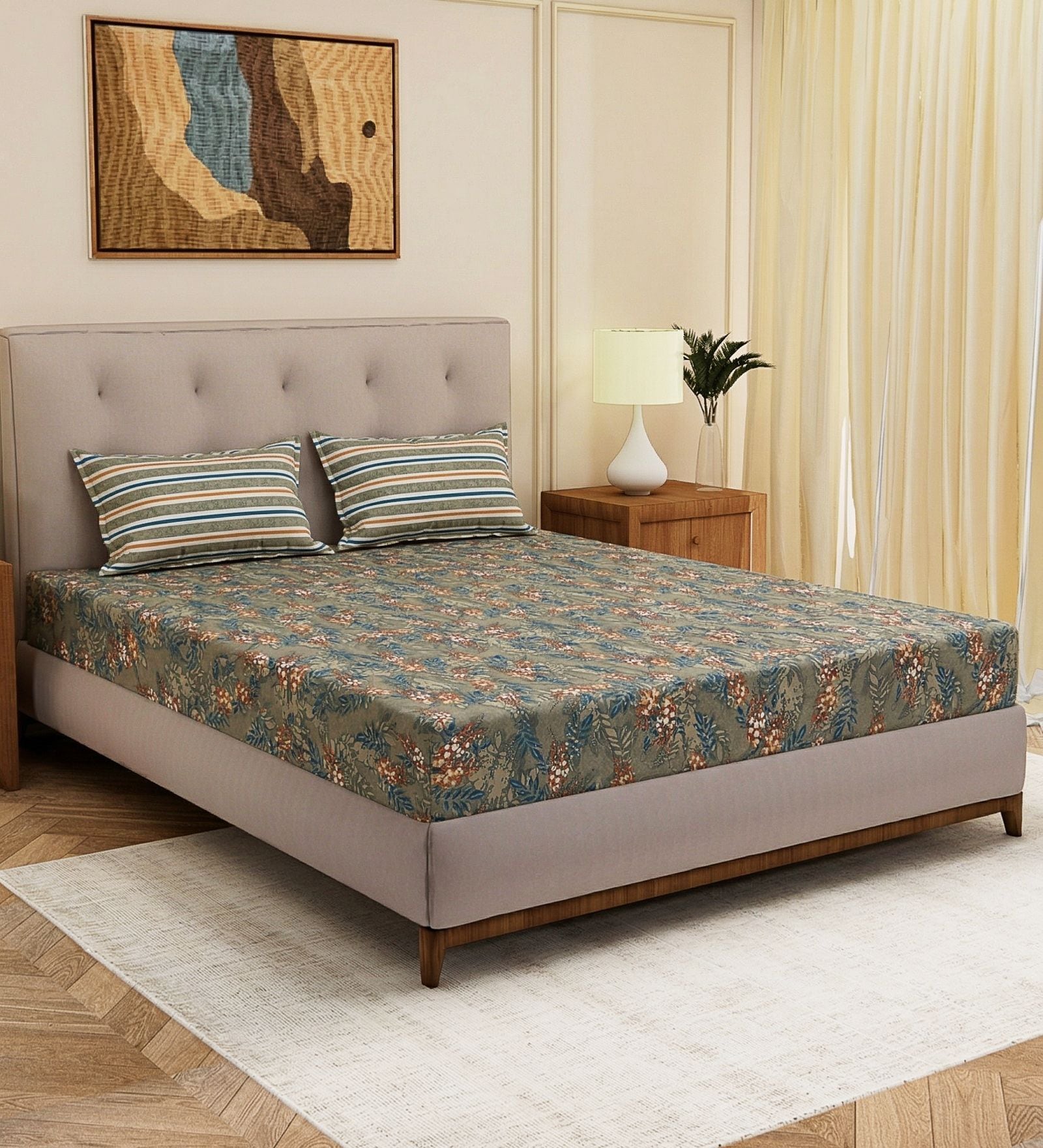 Blue Leaf 120 TC Cotton Double Size Bedsheet With 2 Pillow Covers