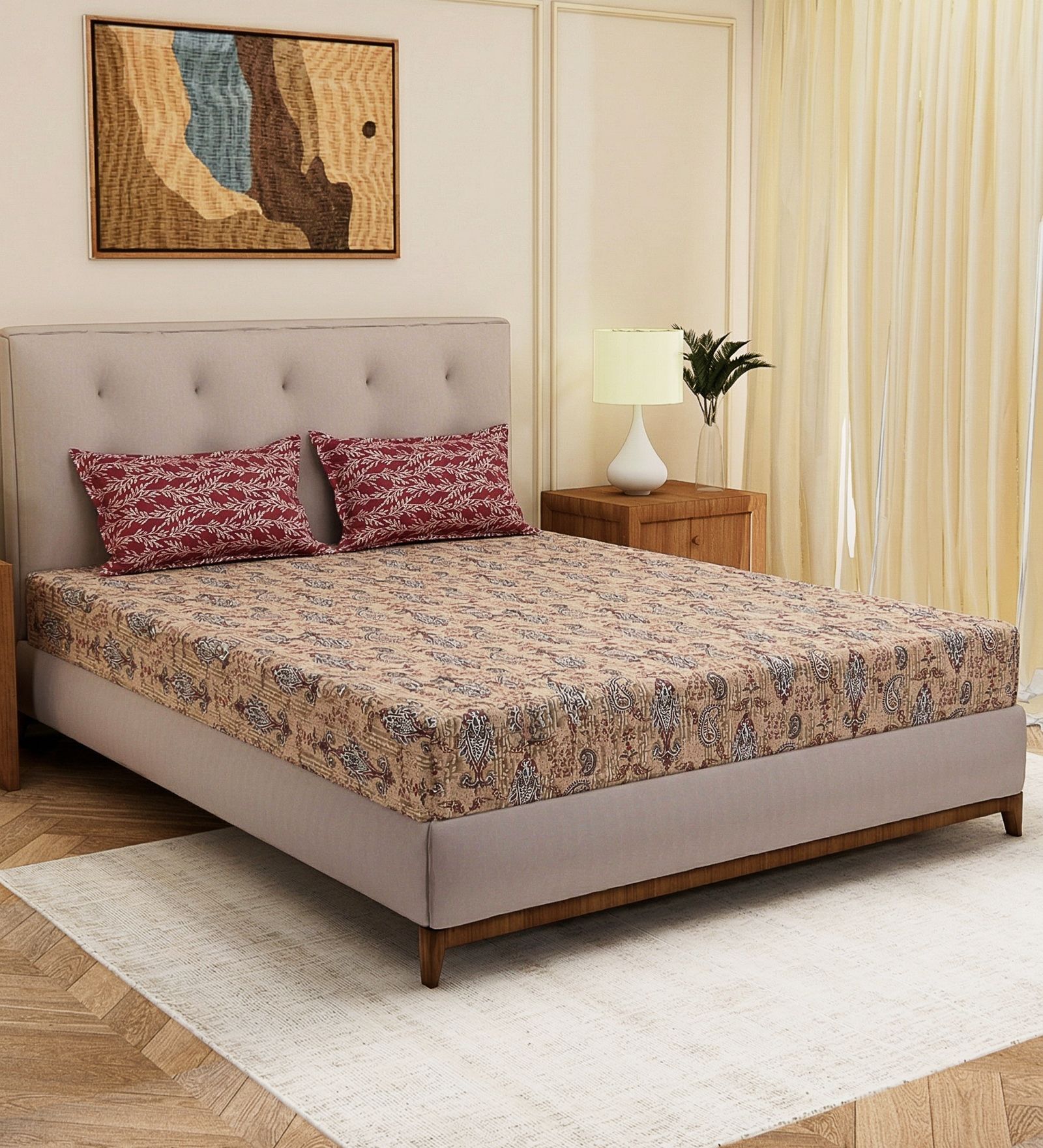 Red Paisley 120 TC Cotton Double Size Bedsheet With 2 Pillow Covers