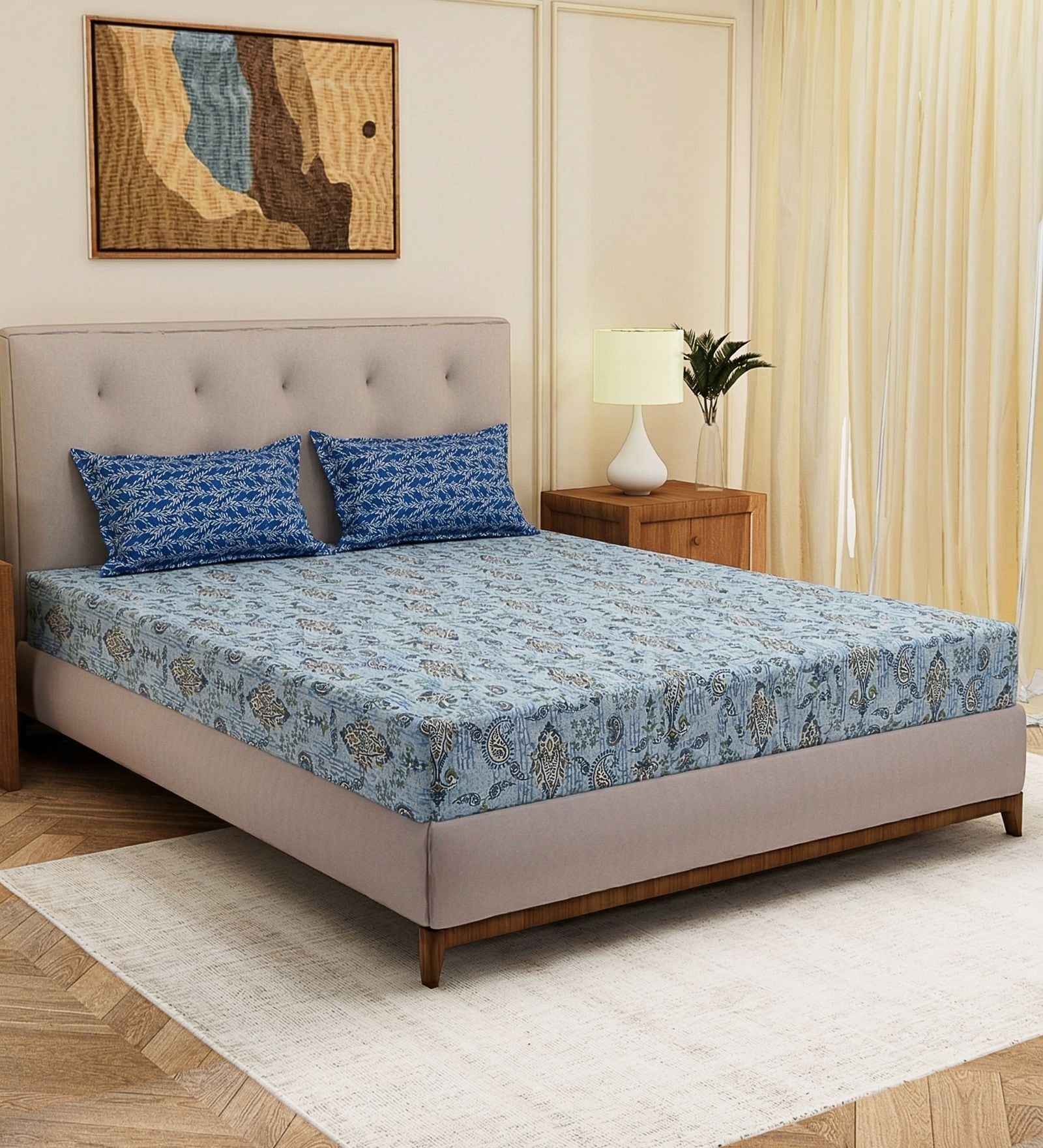 Blue Paisley 120 TC Cotton Double Size Bedsheet With 2 Pillow Covers