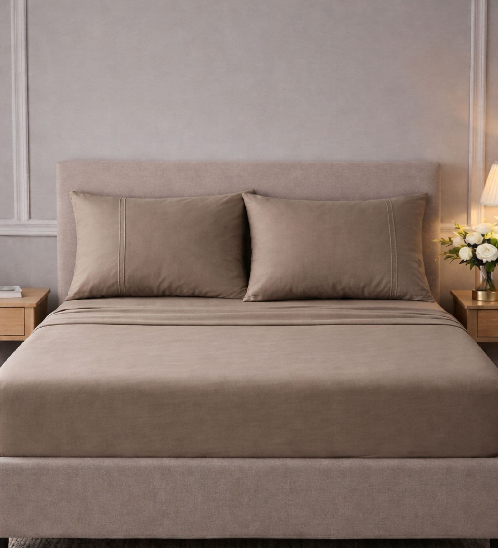 Mocha 400TC  Solid Embroidery Superking Bedsheet with 2 Pillow Covers