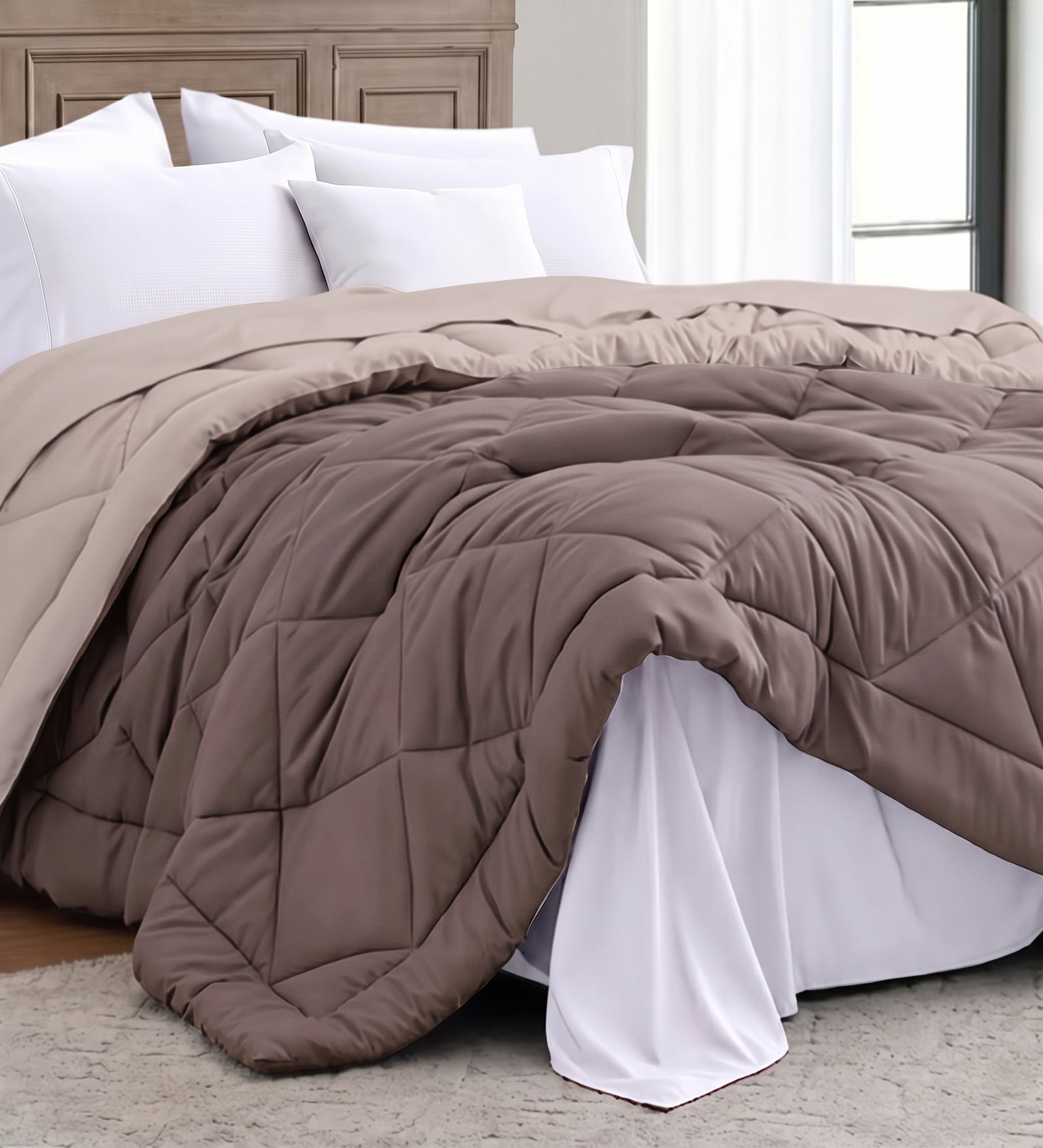 Mocha Brown Polycotton Solid 350 GSM Double Bed Reversible Quilted Comforter