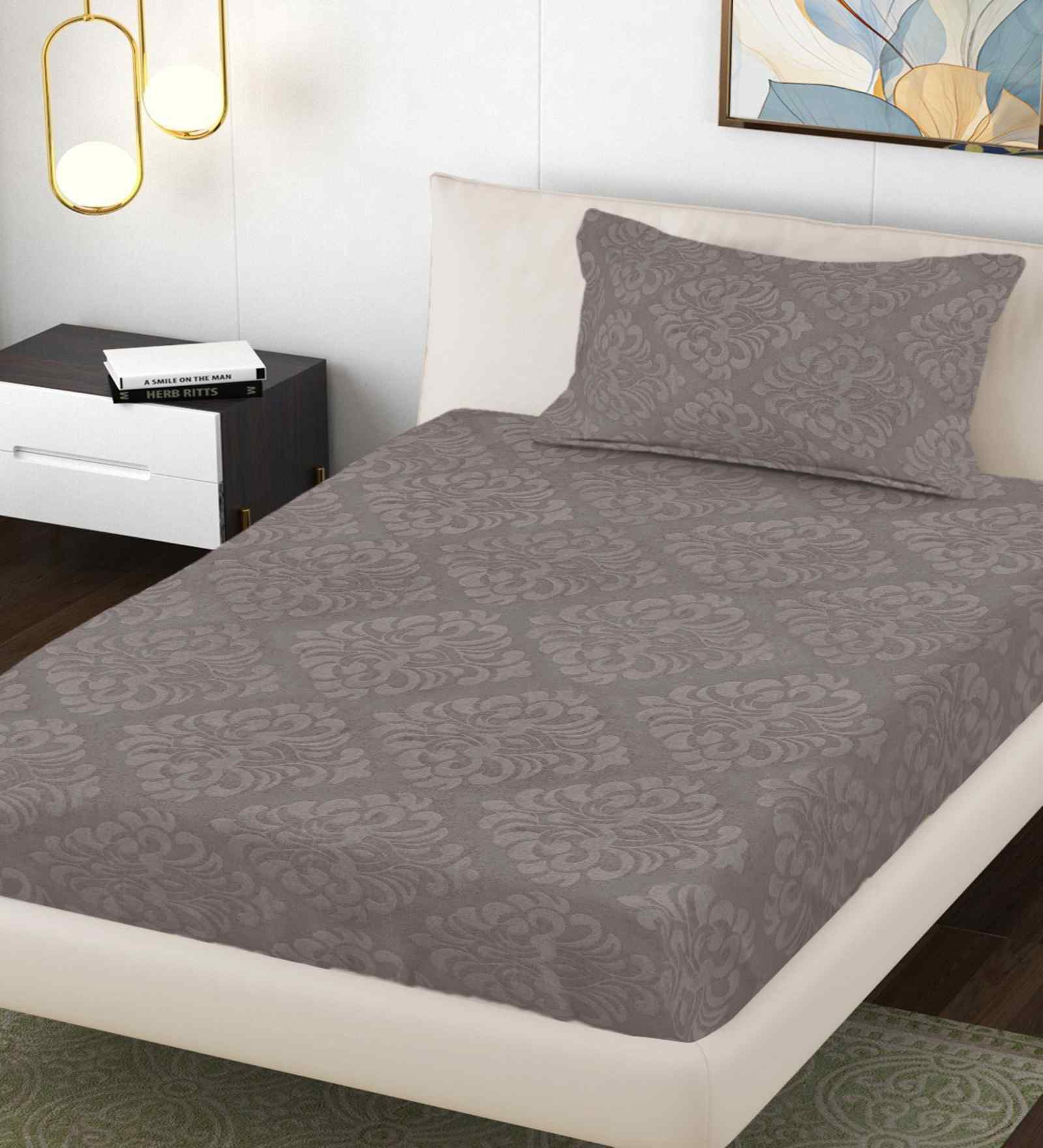 Mocha Ethnic 300 TC Cotton Blend Embossed Single Bedsheet with 1 Pillow Cover