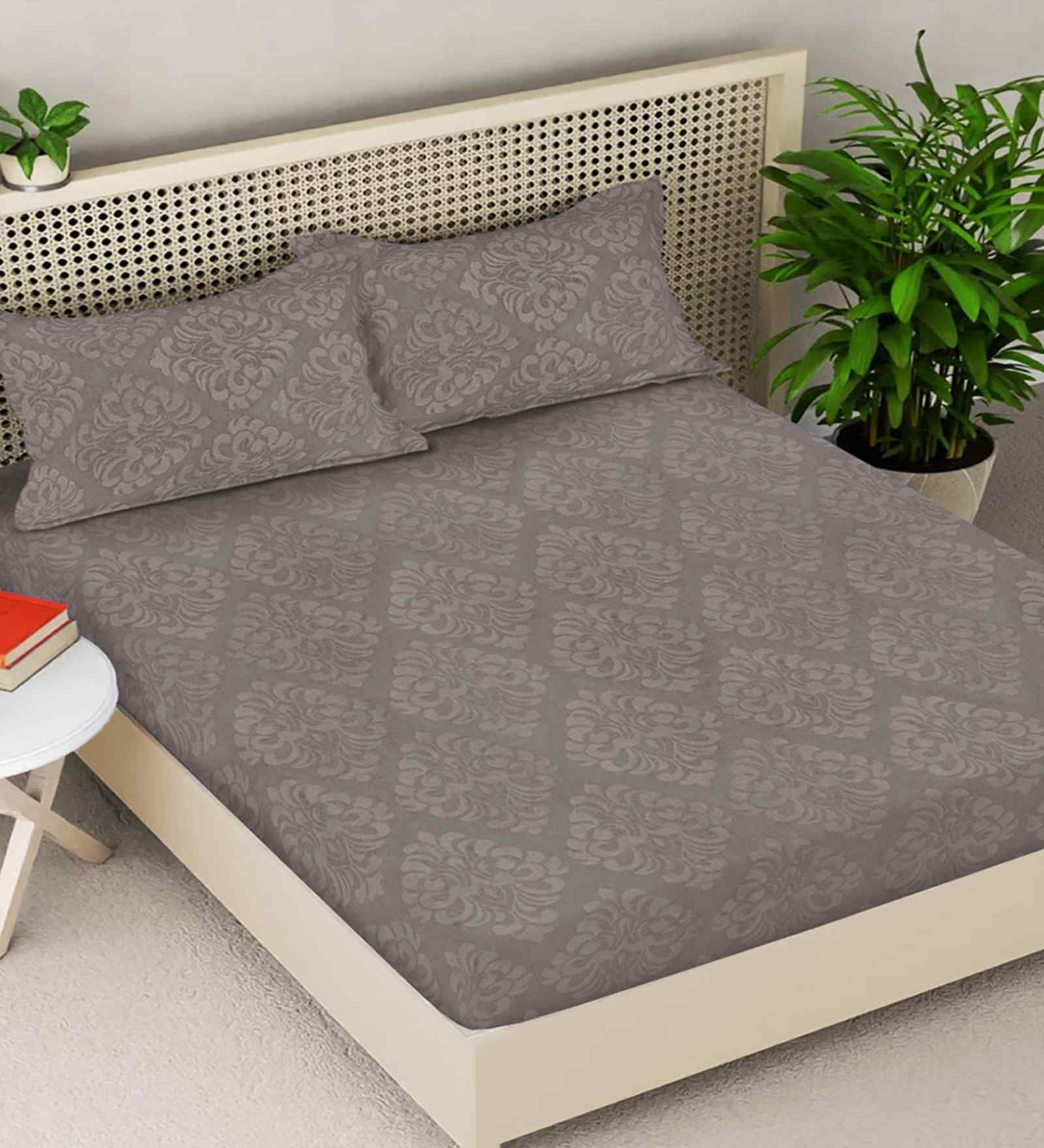 Mocha Ethnic 300 TC Cotton Blend King Size Fitted Embossed Double Bedsheet with 2 Pillow Covers