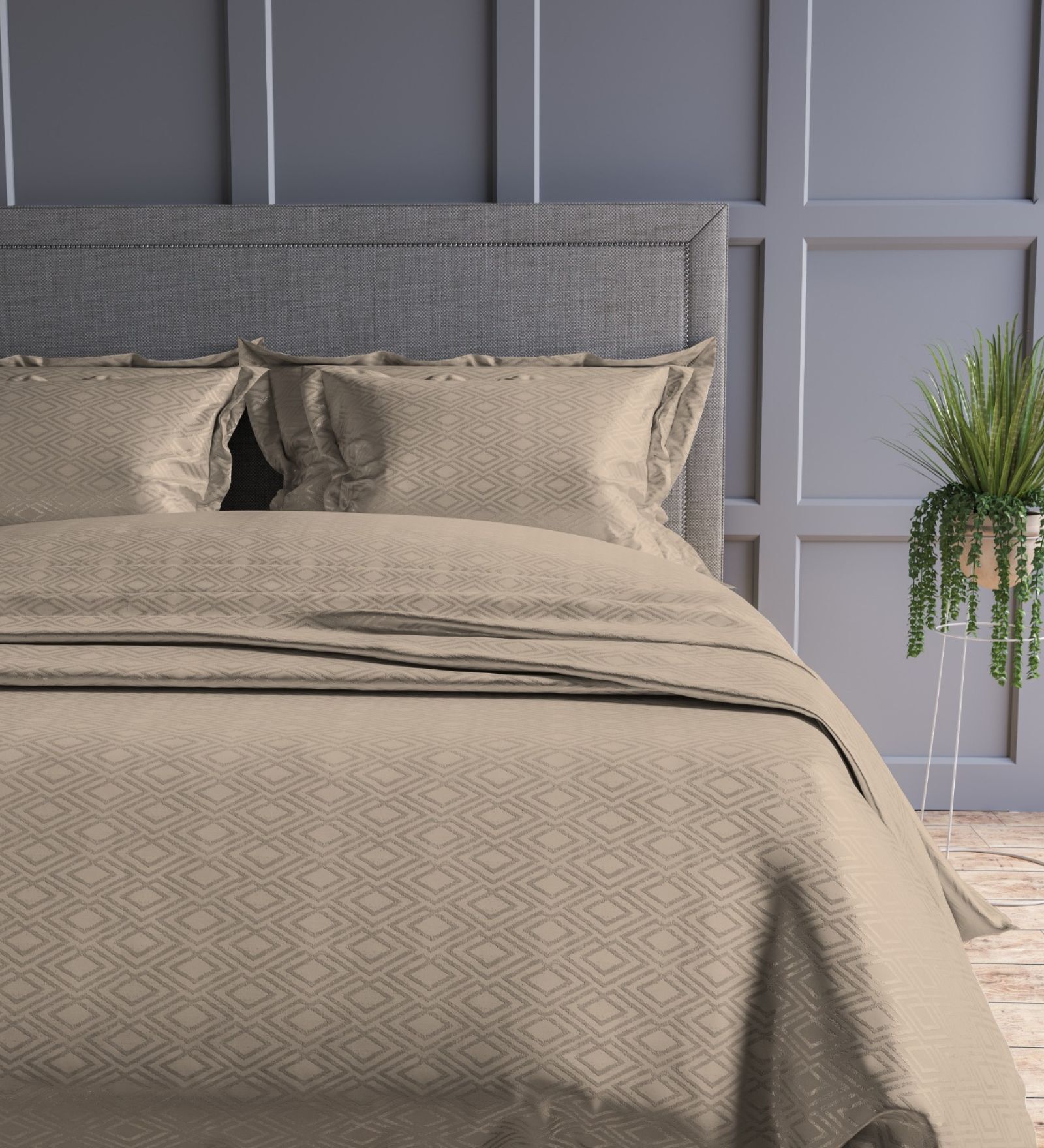 Mocha Geometric 300TC Cotton Super King Sized Double Bedsheet with 2 piping Pillow Covers