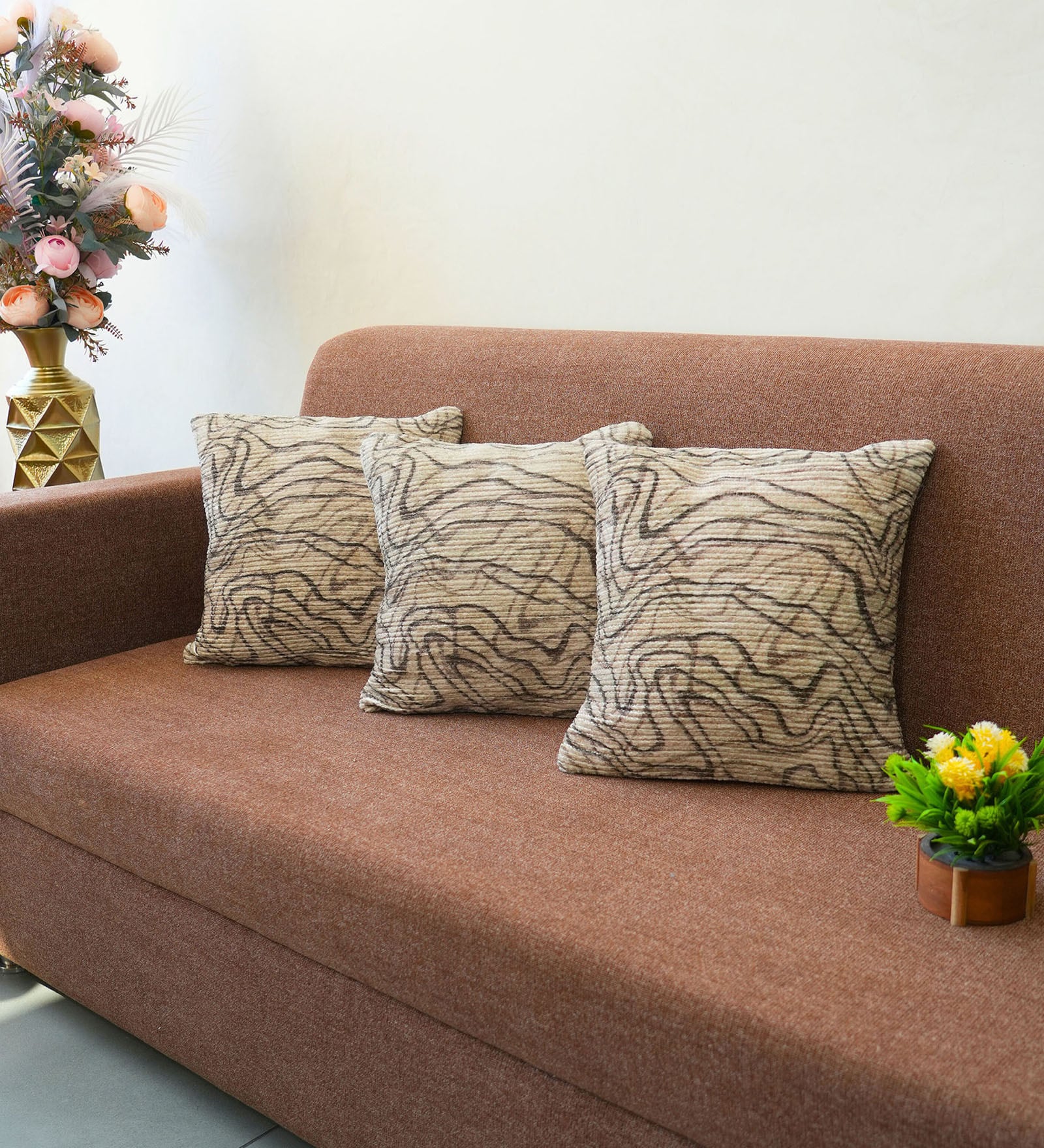 Mocha Polyester Abstract 18x18 inches Cushion Covers Set of 3