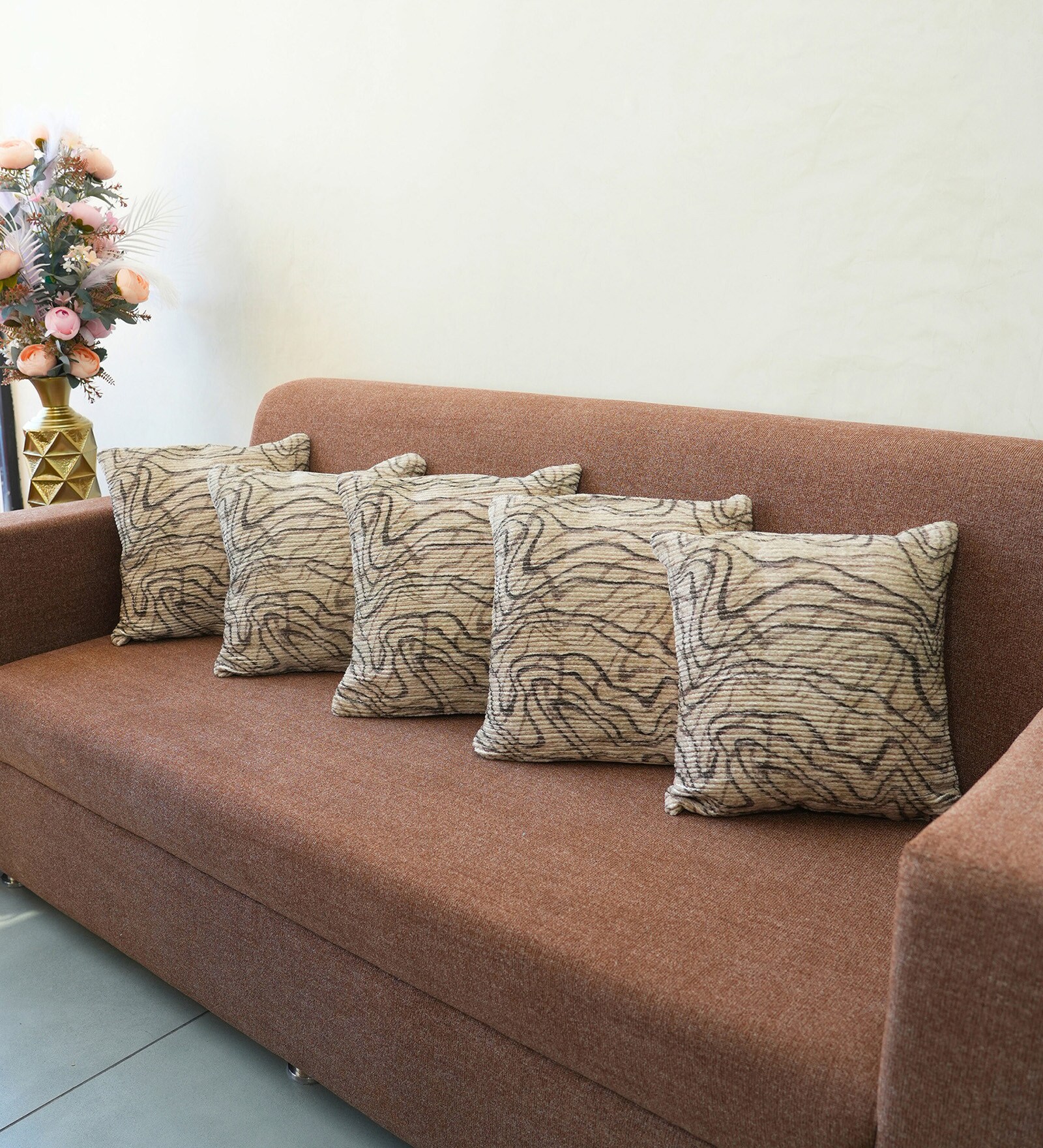 Mocha Polyester Abstract 18x18 inches Cushion Covers Set of 5