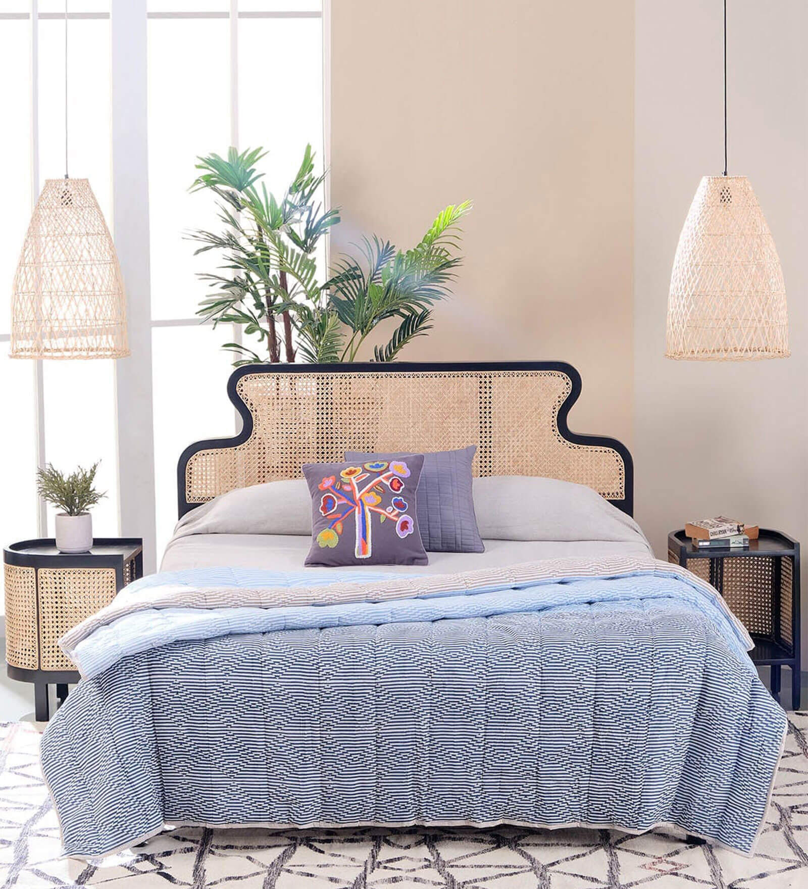 Mod Teak Wood & Wicker King Size Bed in Black Finish