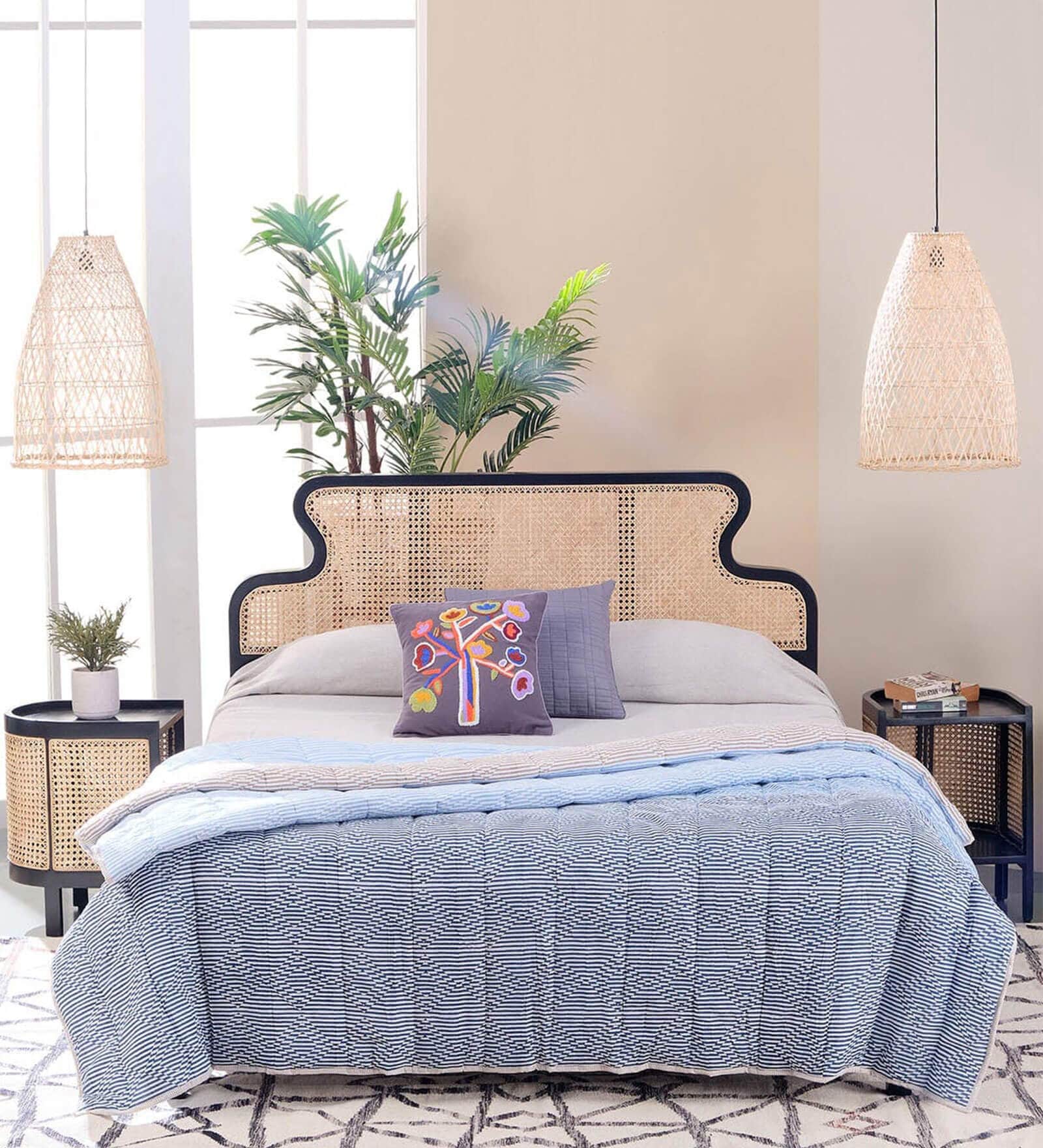 Mod Teak Wood & Wicker Queen Size Bed in Black Finish