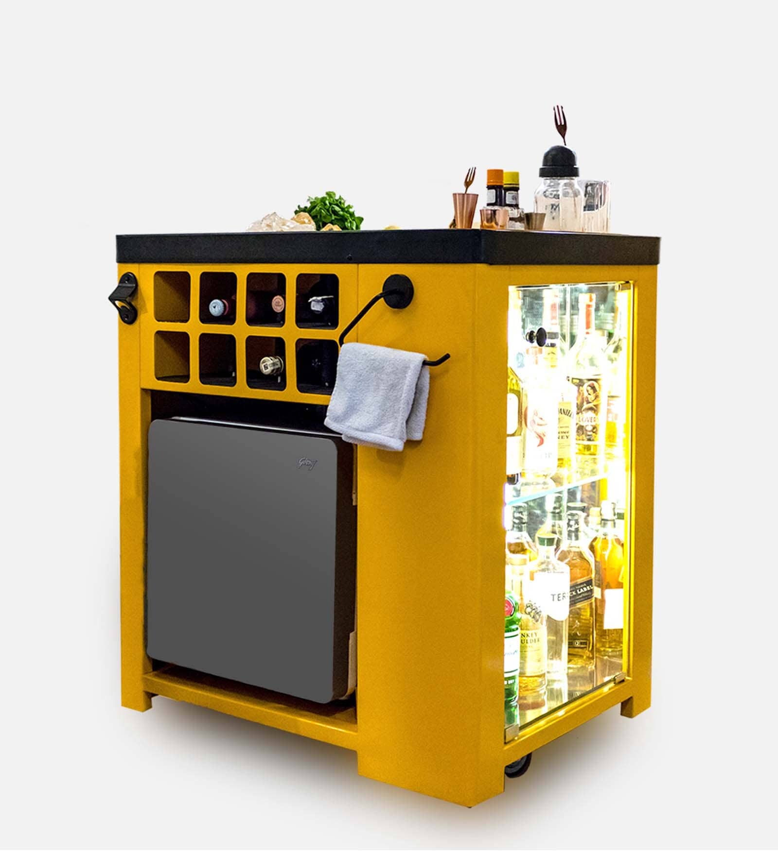 Model X Home Bar Cabine With Built in 30L Fridge & Wheels in Black & Yellow Finish