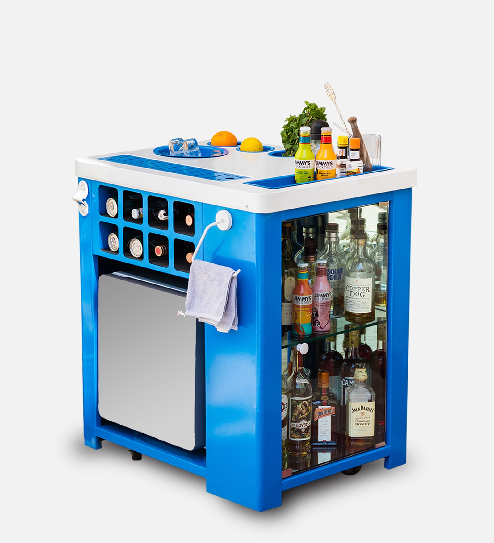 Model X Home Bar Cabine With Built in 30L Fridge & Wheels in Blue & White Finish