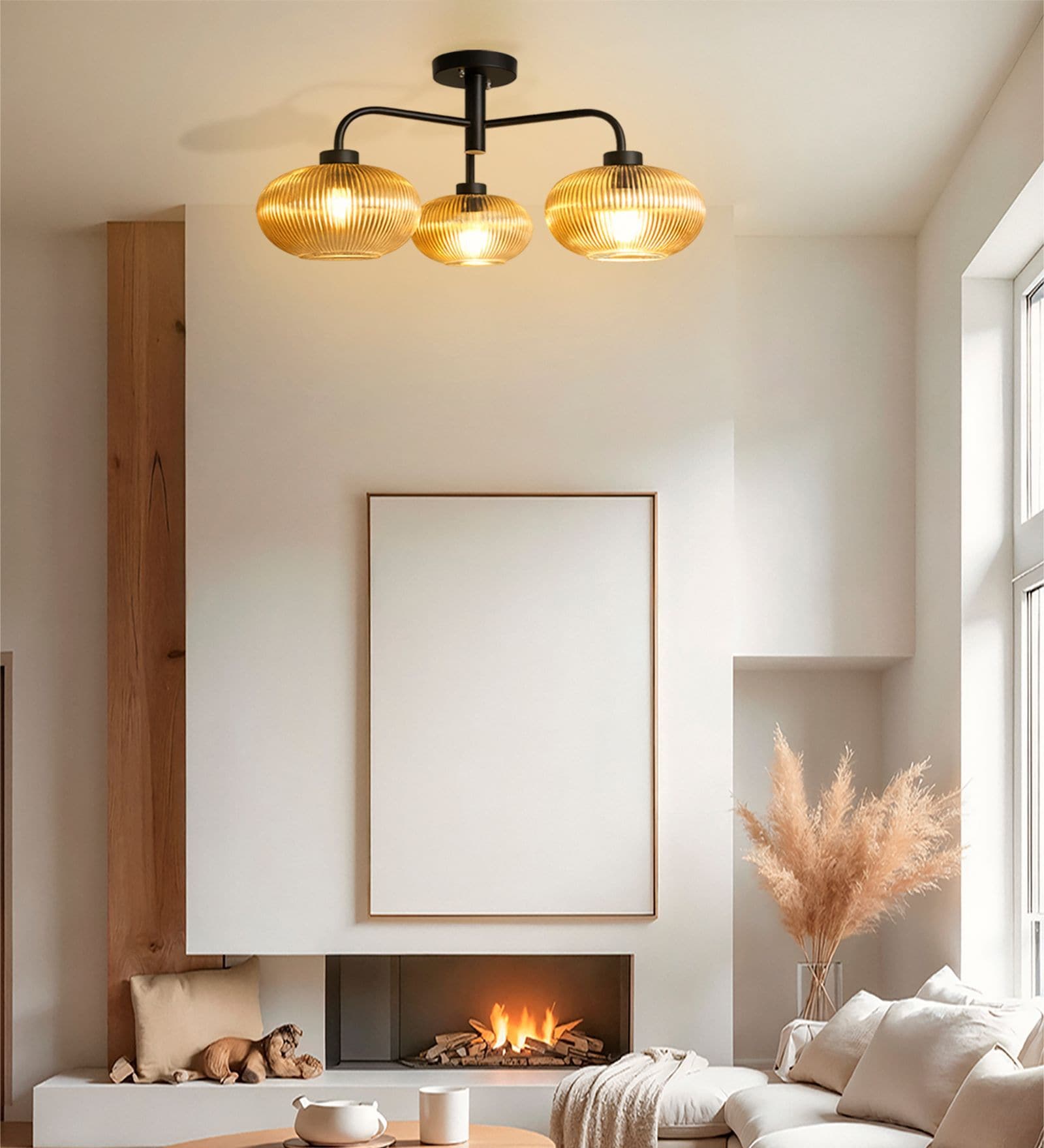 Modern 3-Light Ribbed Glass Chandelier
