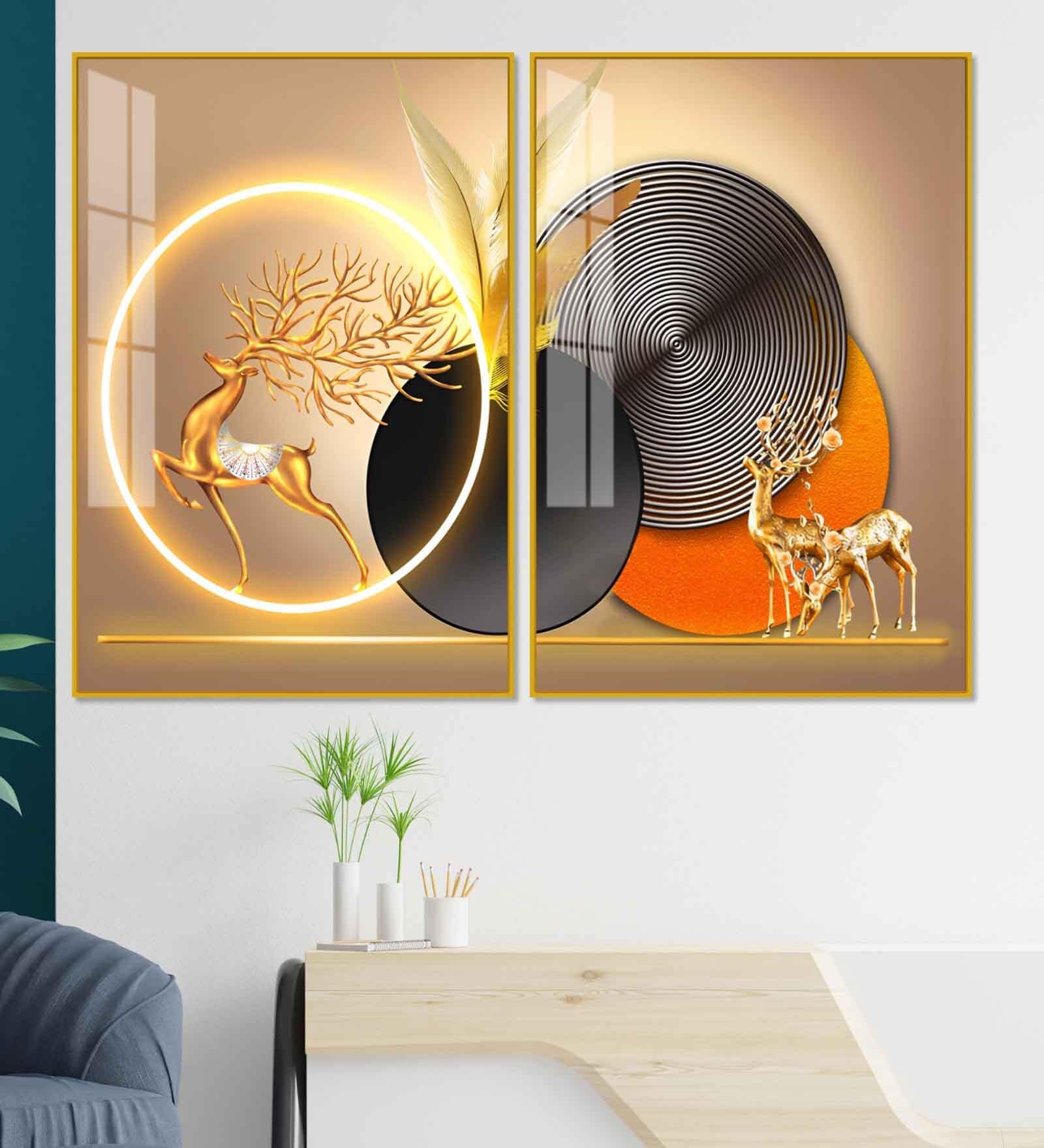 Modern Abstract Golden Deer Acrylic Art Framed Art Panel (Set Of 2)