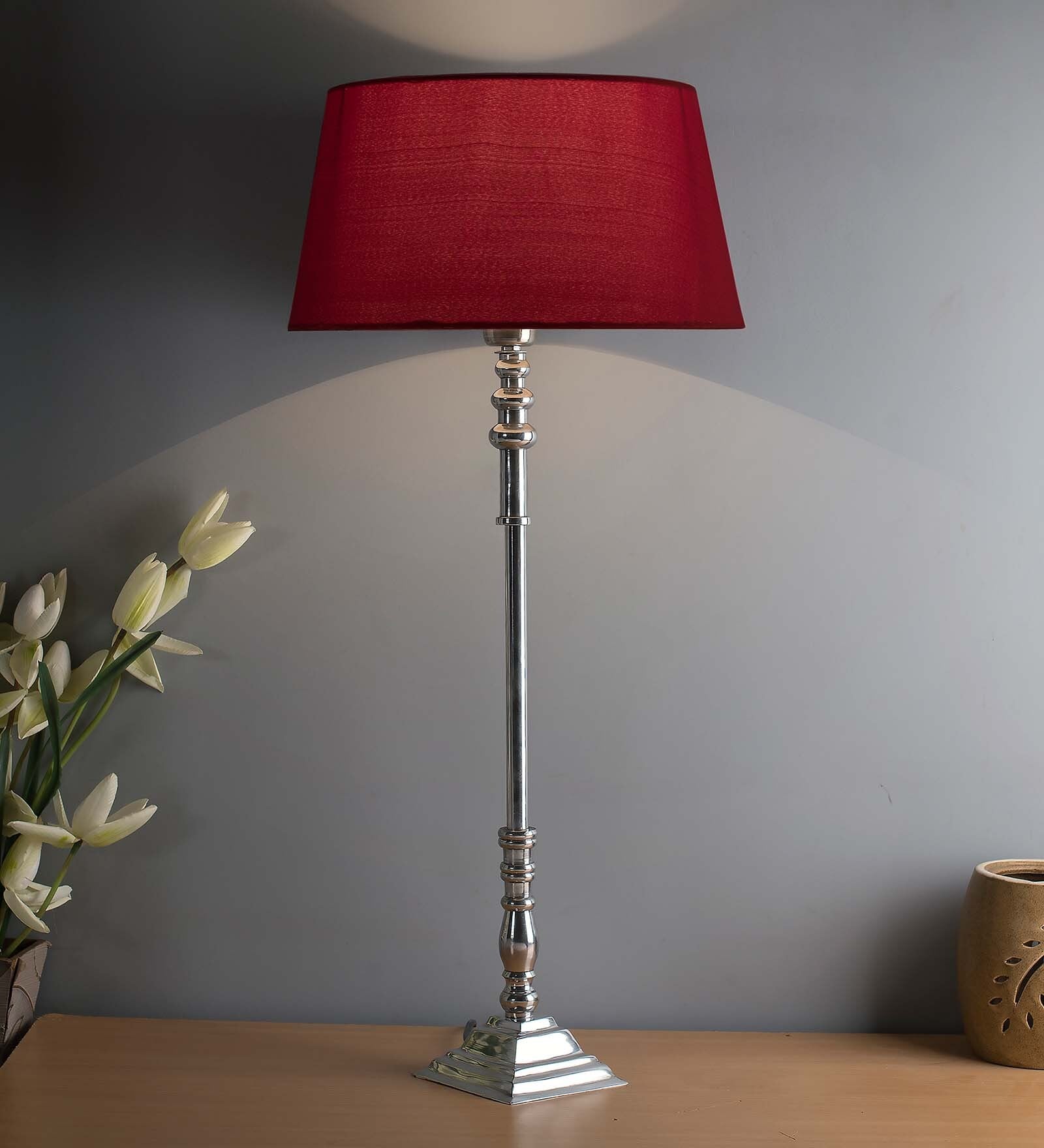 Buy Modern Aluminium Chrome Finish Buffet Table Lamp, White Drum Shade