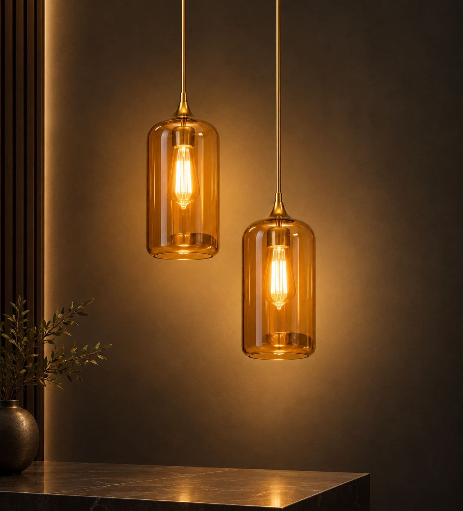 Modern Amber Glass Cylinder Pendant Lights with Gold Finish