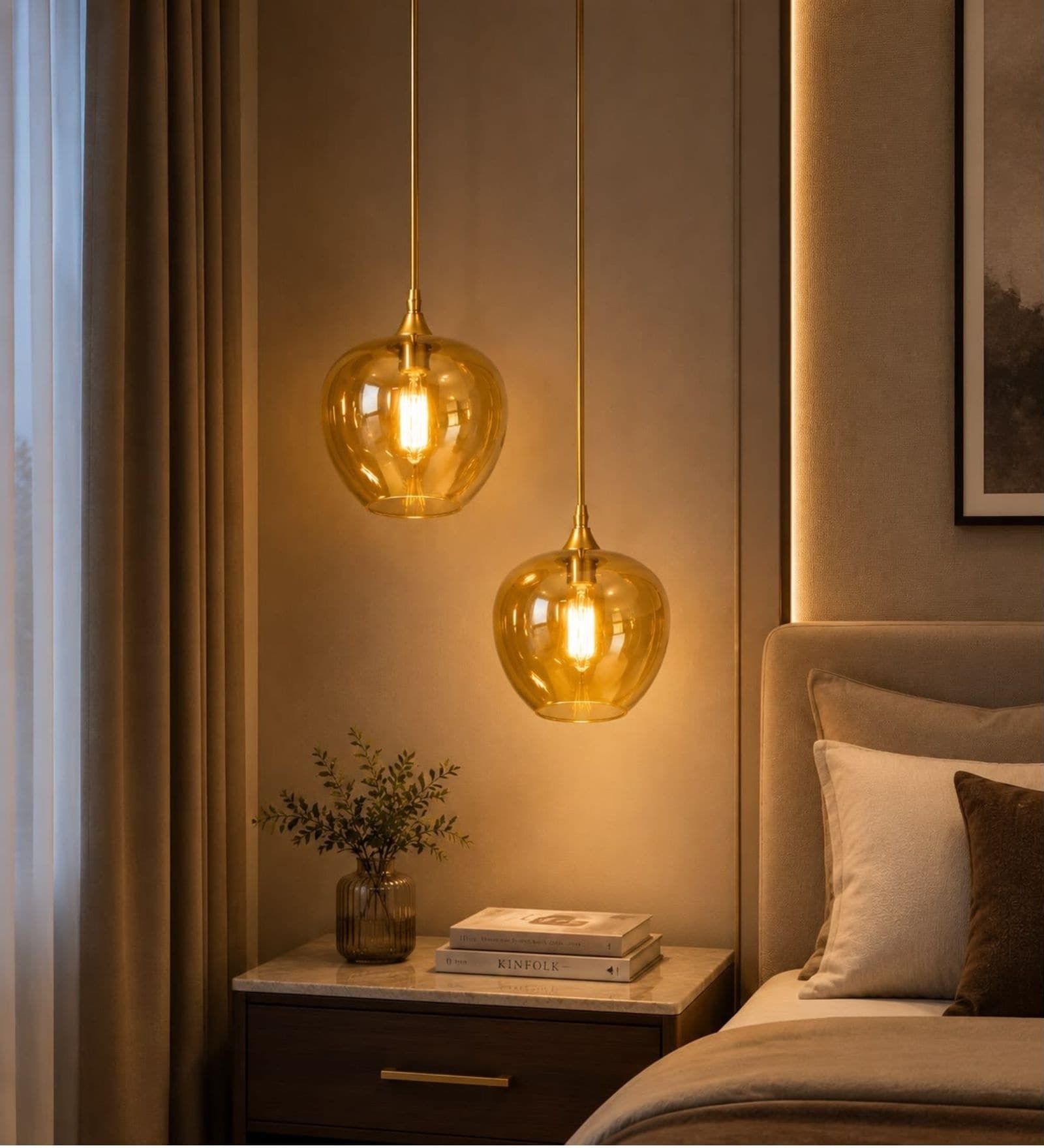 Modern Amber Glass Pendant Lights with Gold Finish