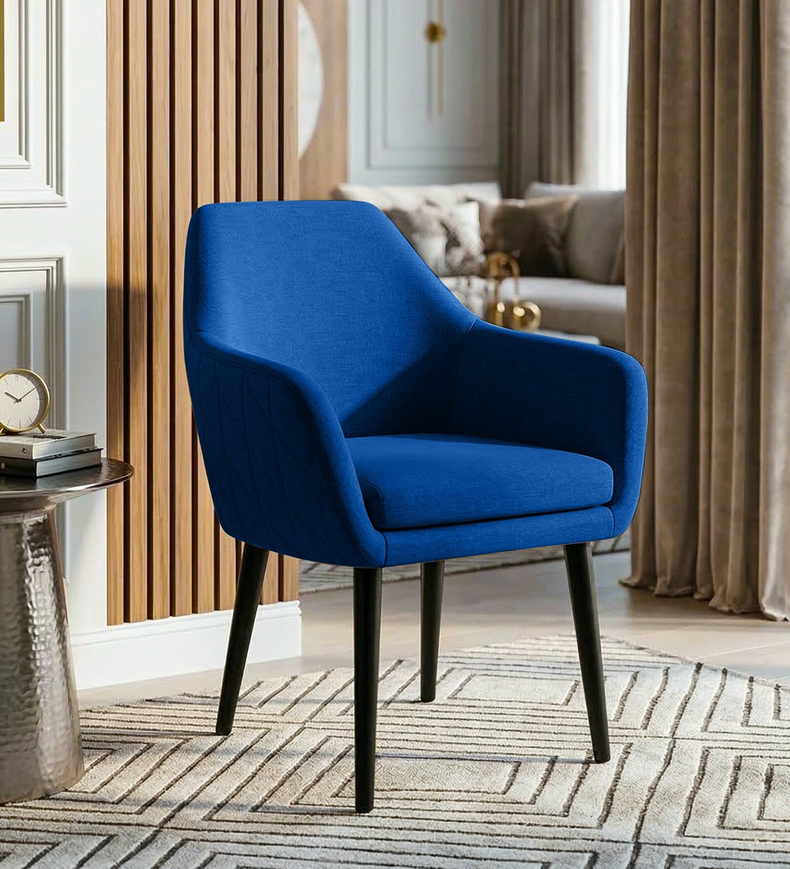 Classic Modern Arm Dining Chair With Black Iron Legs In Blue Color