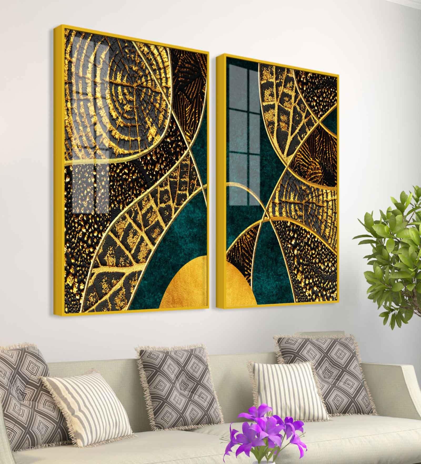 Modern Art Of Golden Crystal Textured Acrylic Art Framed Art Panel (Set Of 2)