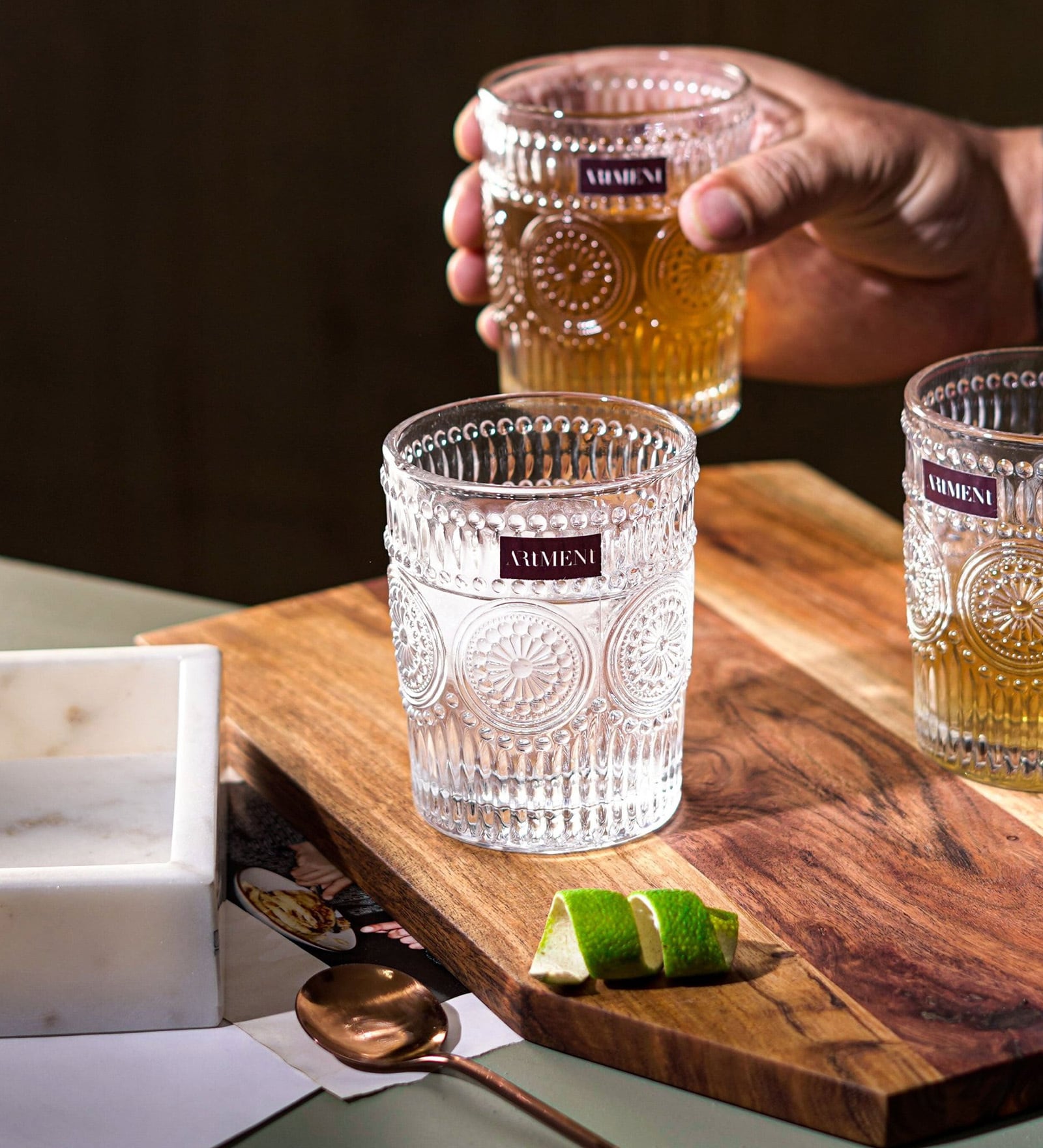 280 ML Modern Art Vintage Embossed Glass Tumbler Set of 4