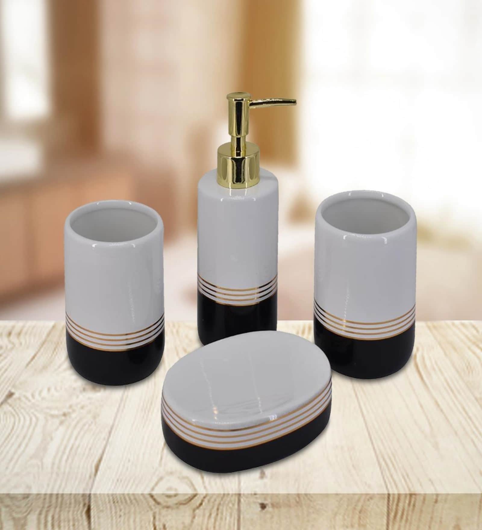 Modern Black & White Ceramic Set of 4 Bath Accessories Set 