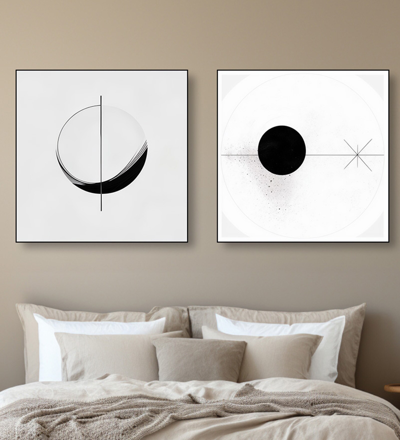 Modern Black and White Circles Set of 2 Canvas Wall Painting Black Frame