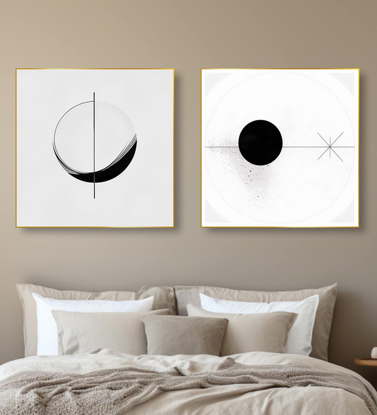 Modern Black and White Circles Set of 2 Canvas Wall Painting Gold Frame