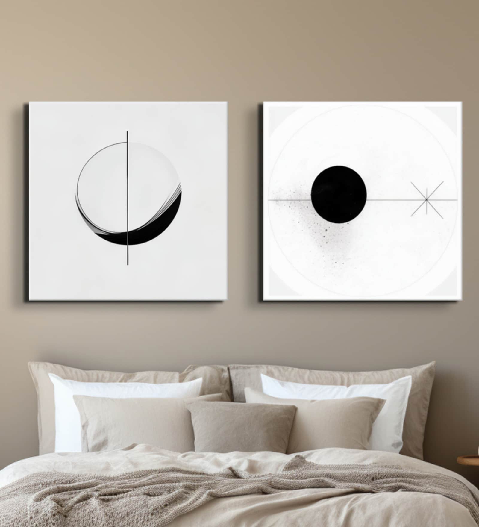 Modern Black and White Circles Set of 2 Canvas Wall Painting Stretch Canvas Frame