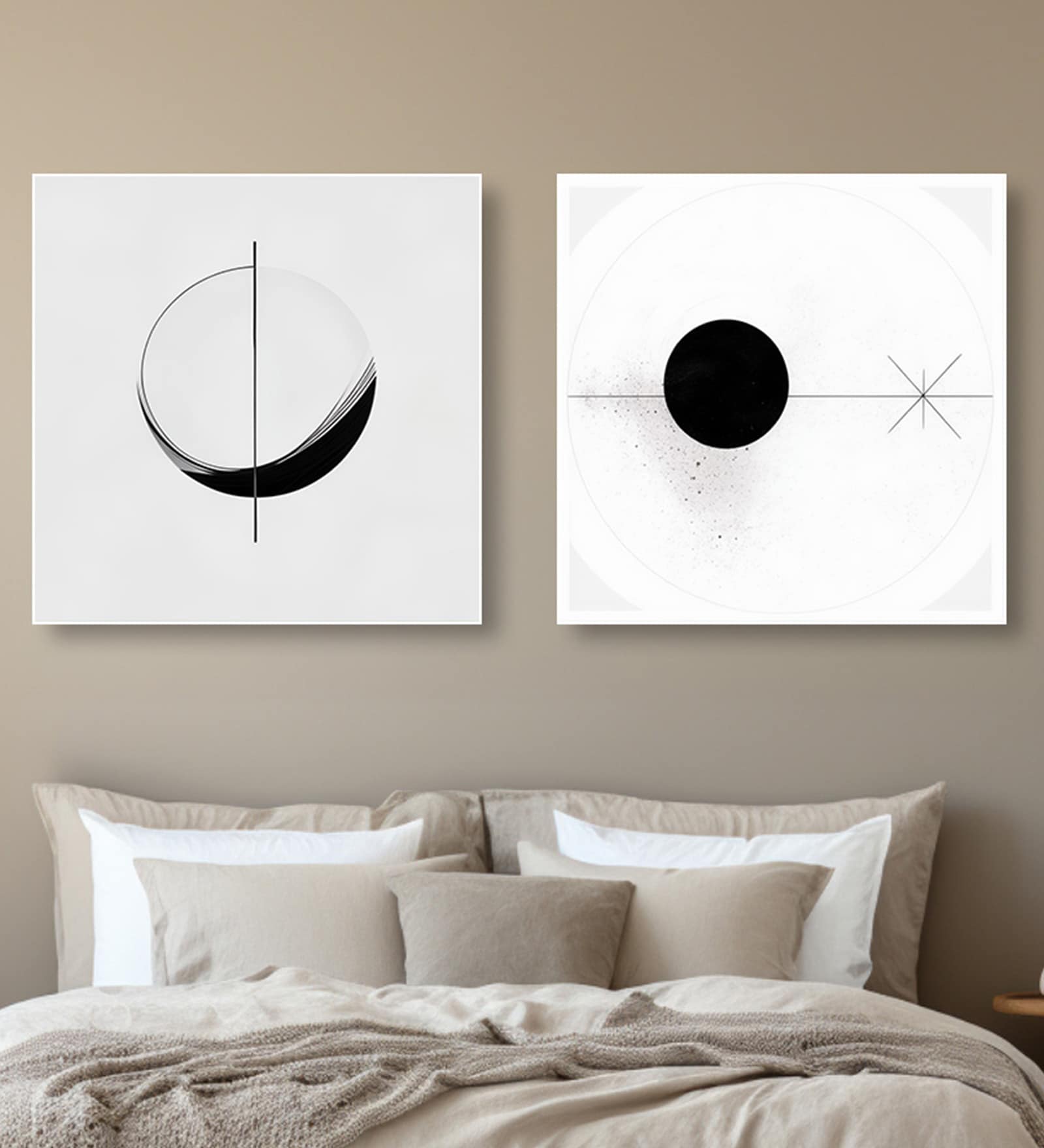 Modern Black and White Circles Set of 2 Canvas Wall Painting White Frame