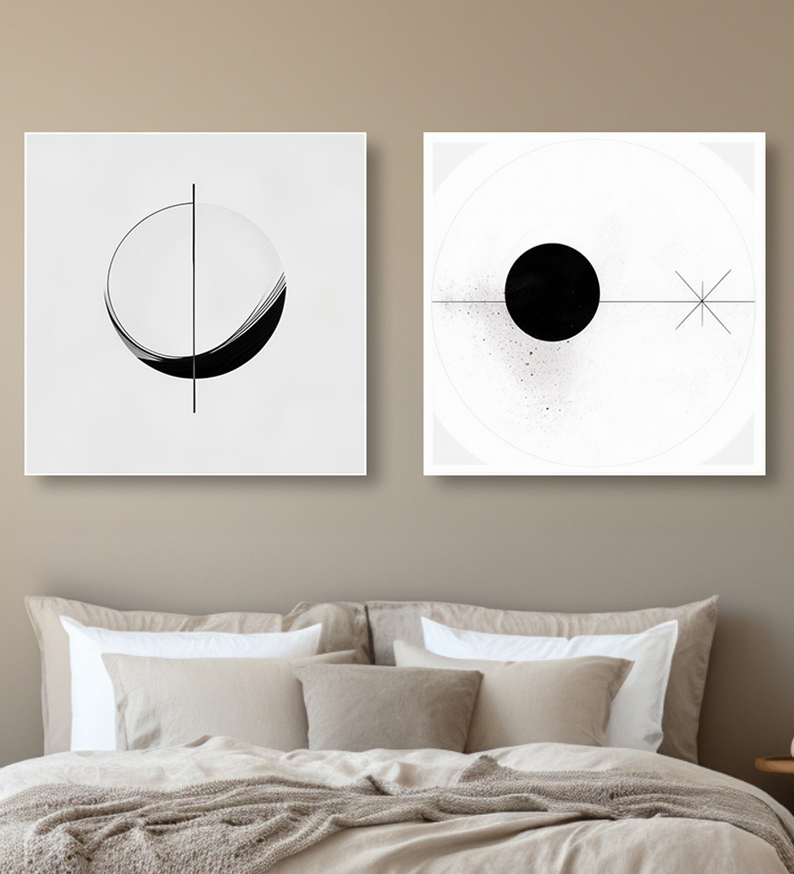 Modern Black and White Circles Set of 2 Canvas Wall Painting White Frame