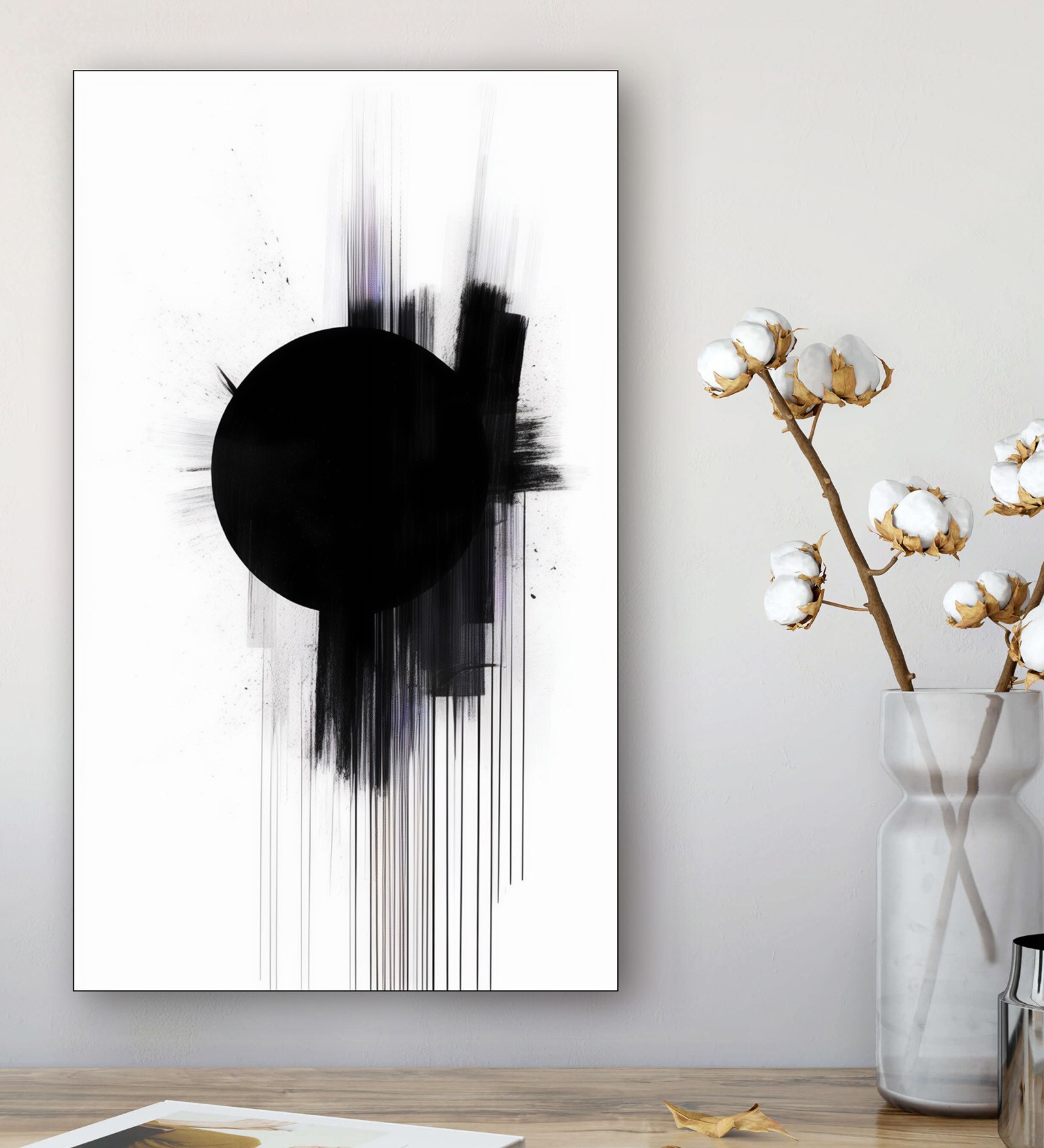 Black Circle on Abstract Canvas Wall Painting Black Frame