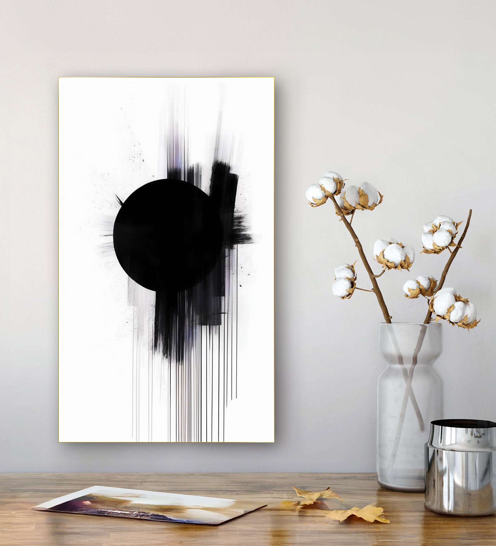 Black Circle on Abstract Canvas Wall Painting Gold Frame