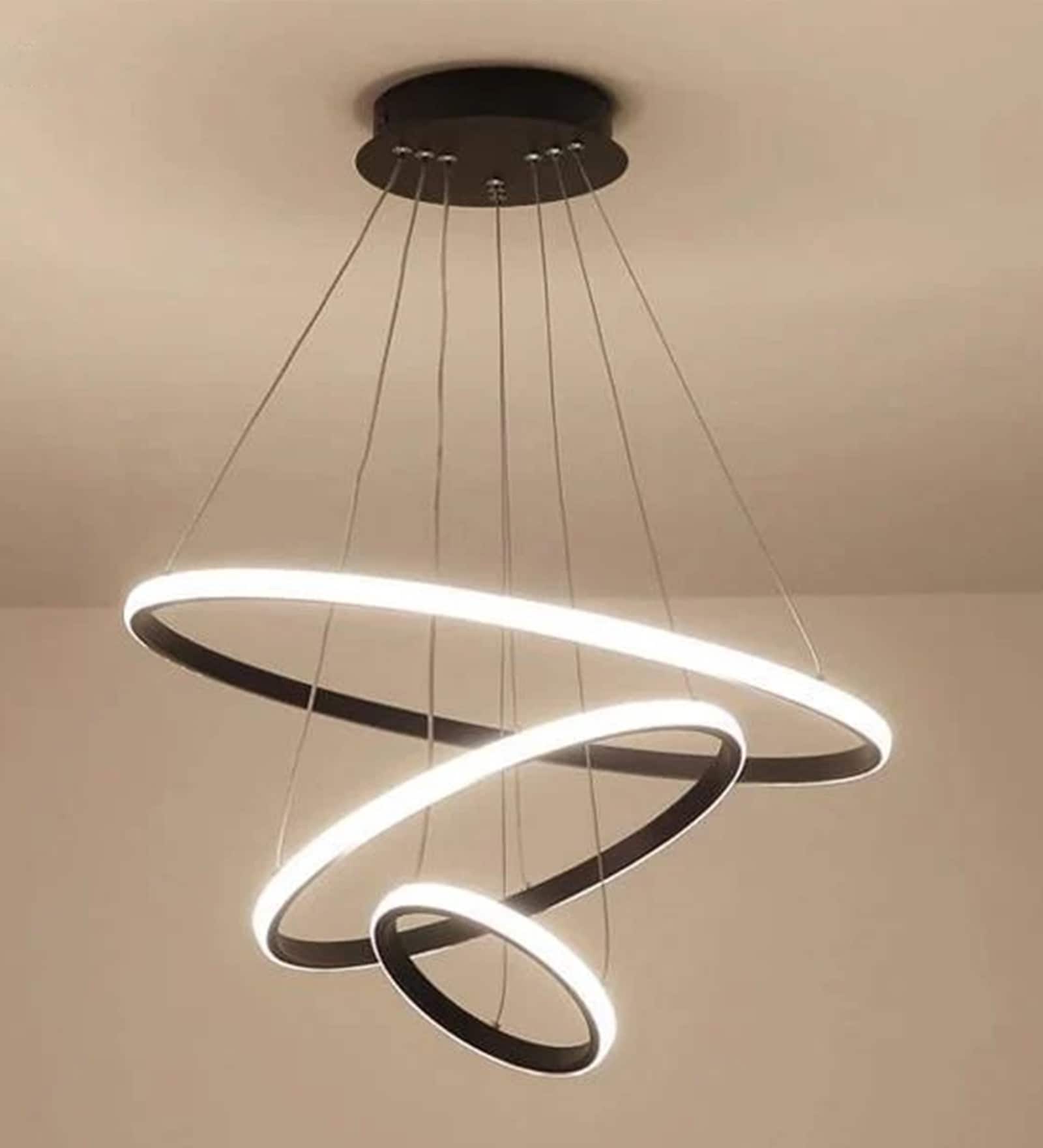 Modern Black Contemporary Spiral LED 3 Ring Chandelier   Adjustable Height with 3 Color Lighting Modes