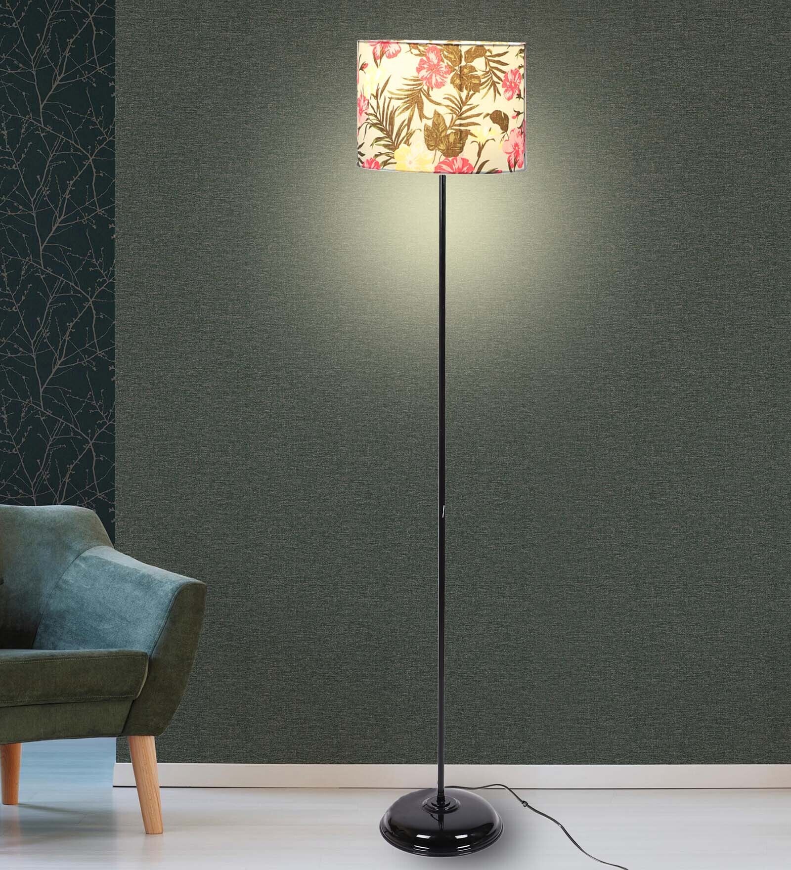 Modern Black metal Floor Lamp with Floral Print Shade